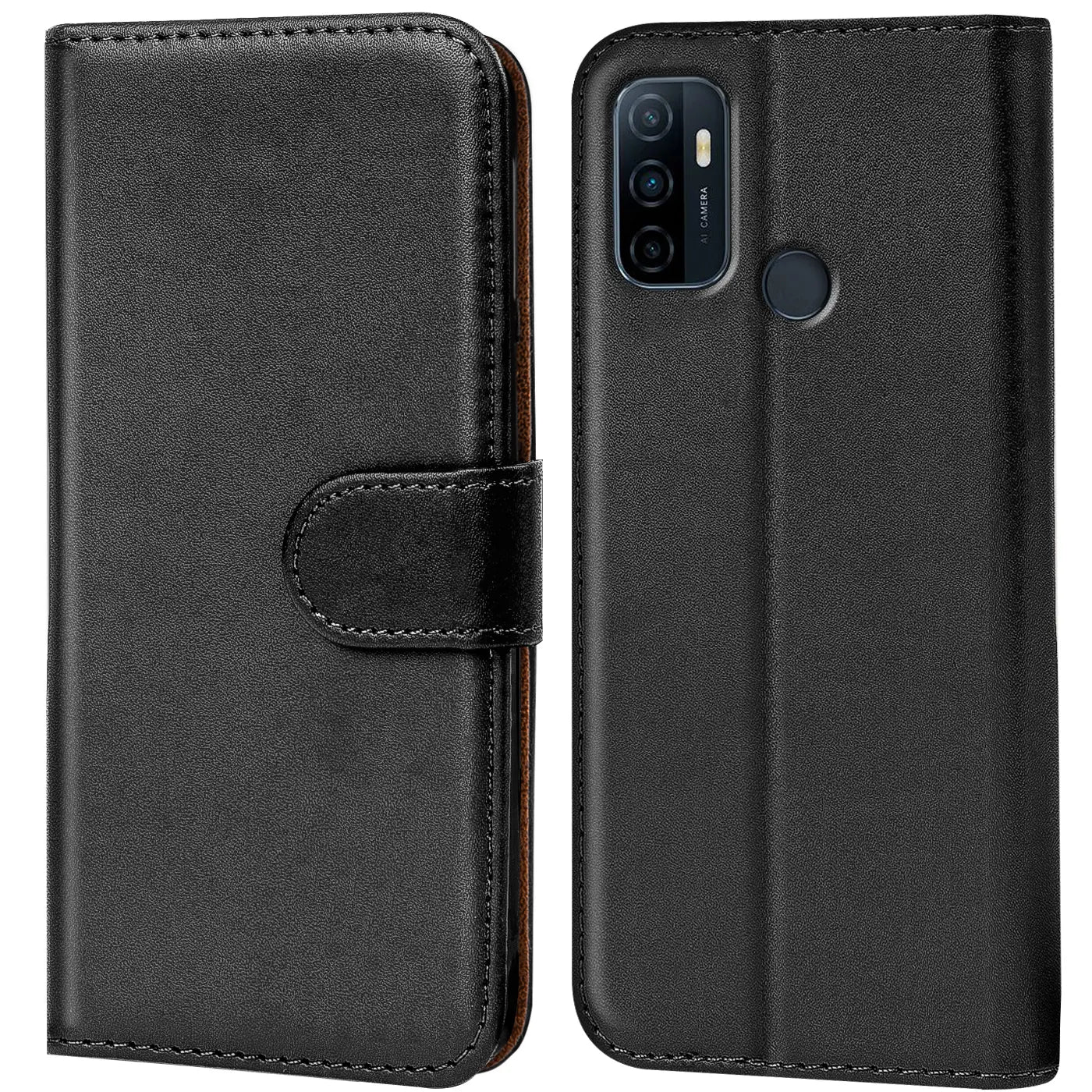 Schwarze Leder-Klapphülle mit Kartenfächern, Vorder- und Rückansicht, zeigt Oppo A53/A53S.