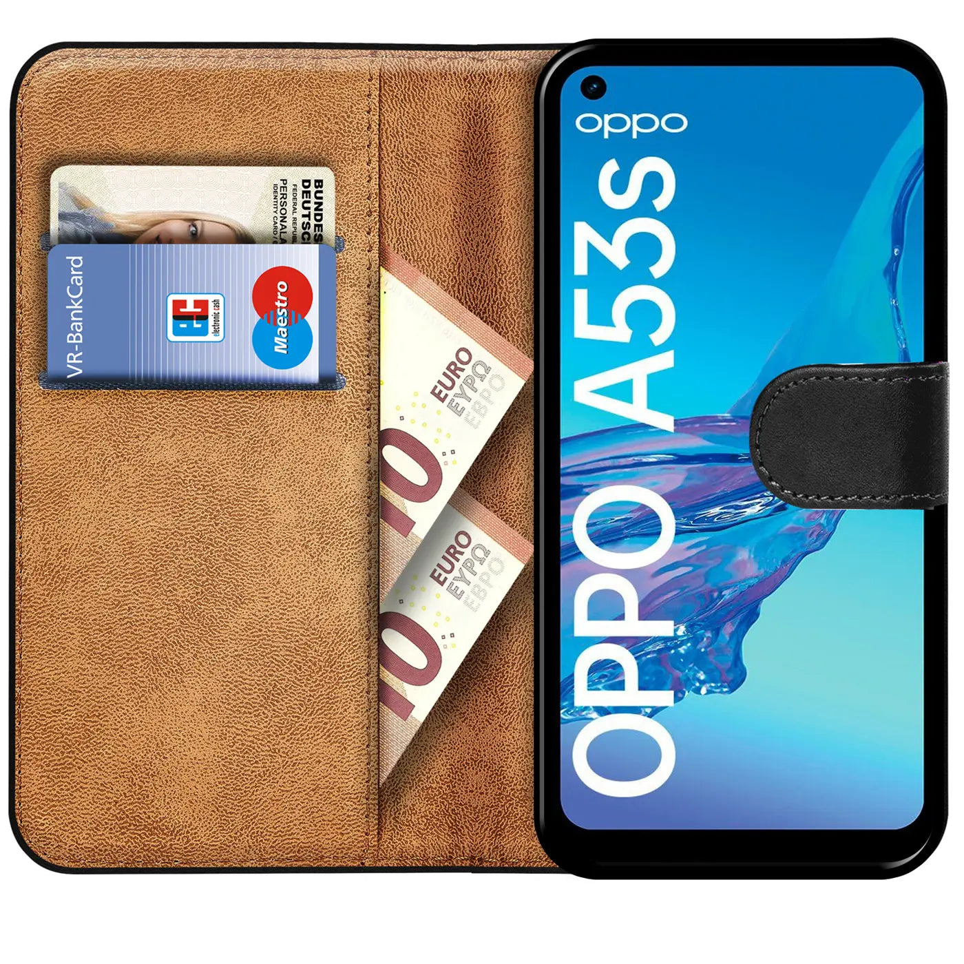 Braune Kunstleder-Klapphülle mit Kartenfächern, zeigt Oppo A53s, von vorne