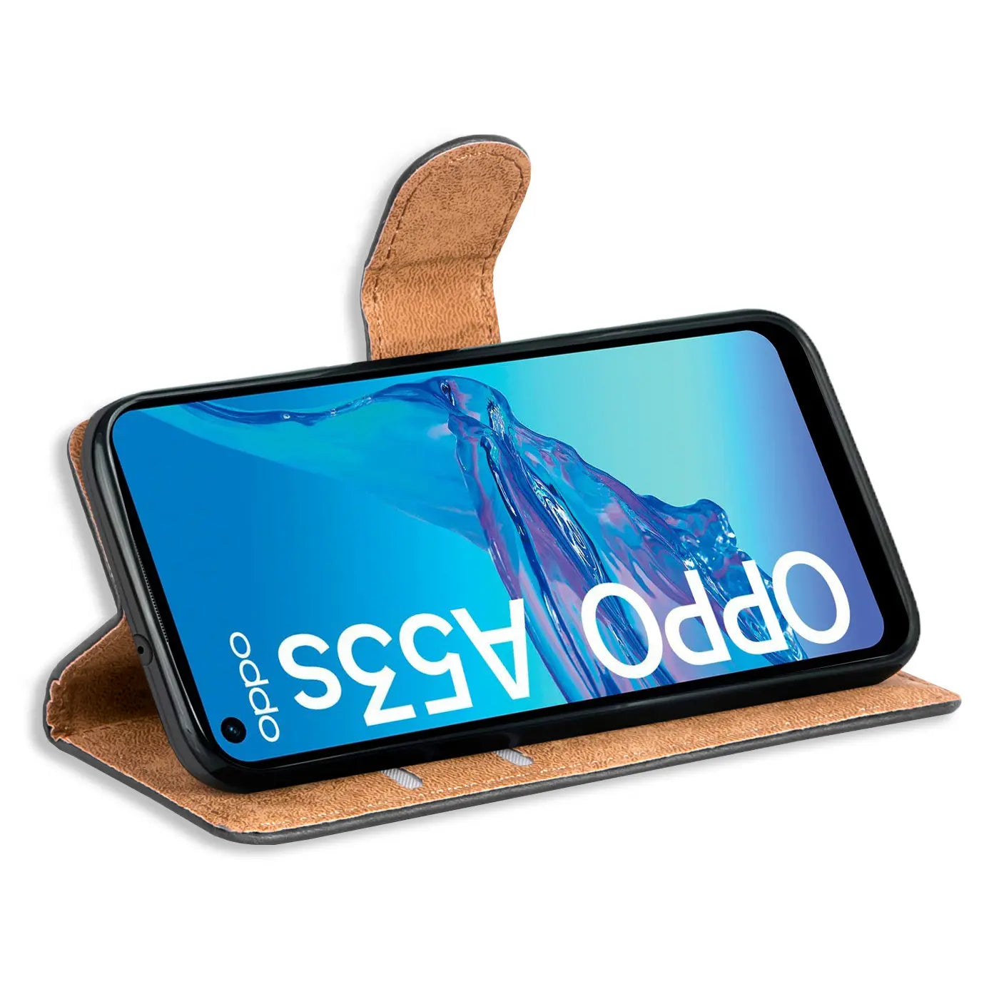 Braune Kunstleder-Klapphülle mit Kartenfächern, zeigt Oppo A53/A53s von vorne.