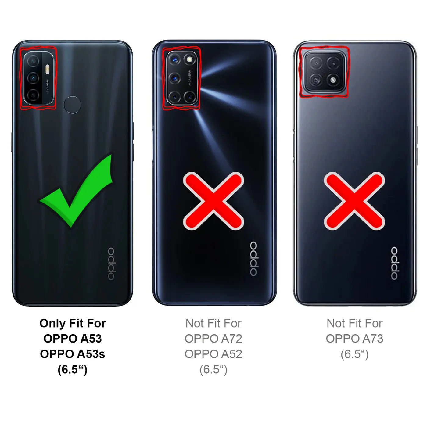 Drei Rückseiten von Oppo-Smartphones, eine mit Häkchen, zwei mit Kreuzen.