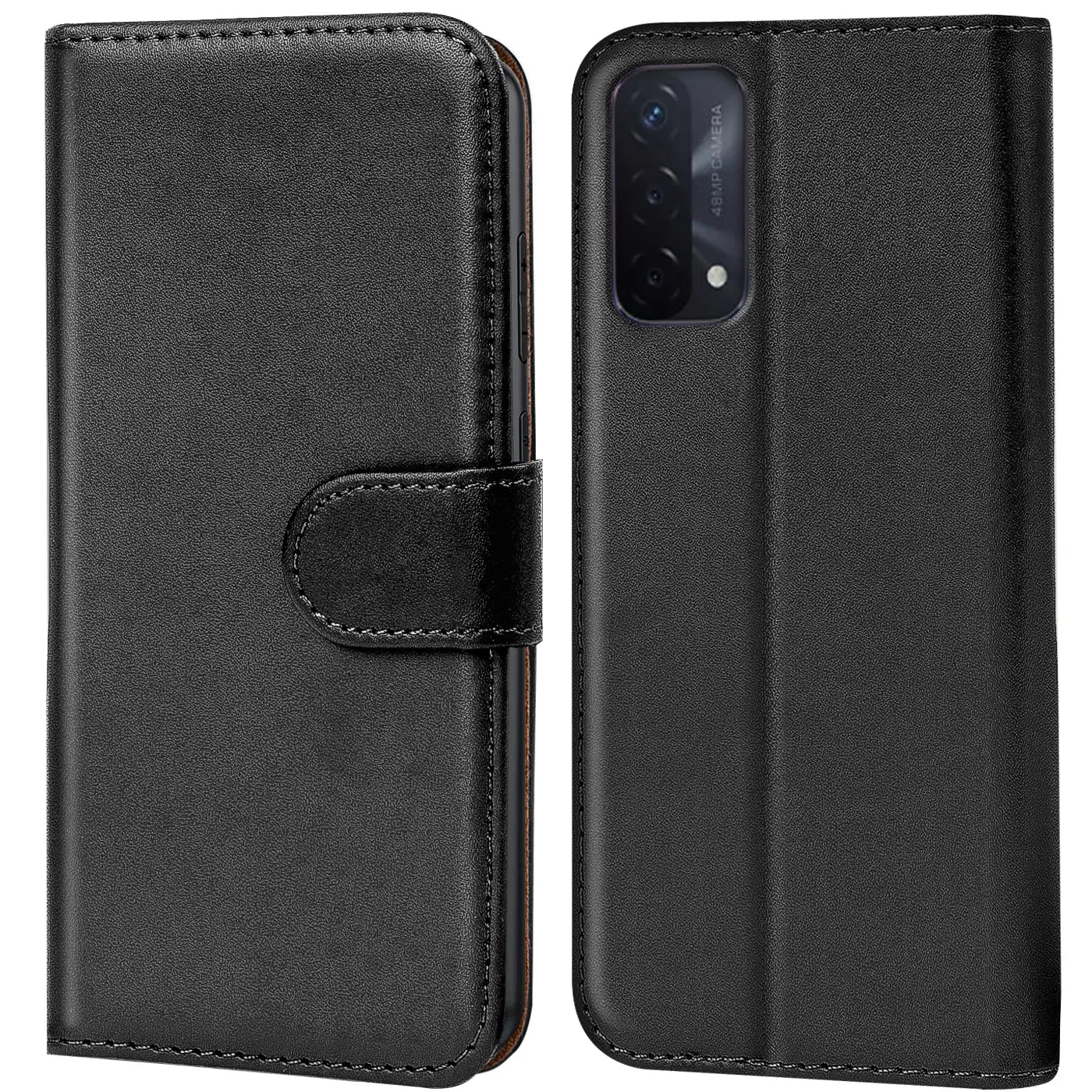Schwarze Leder-Klapphülle mit Kartenfächern, Vorder- und Rückansicht, Oppo A54/A74 5G.