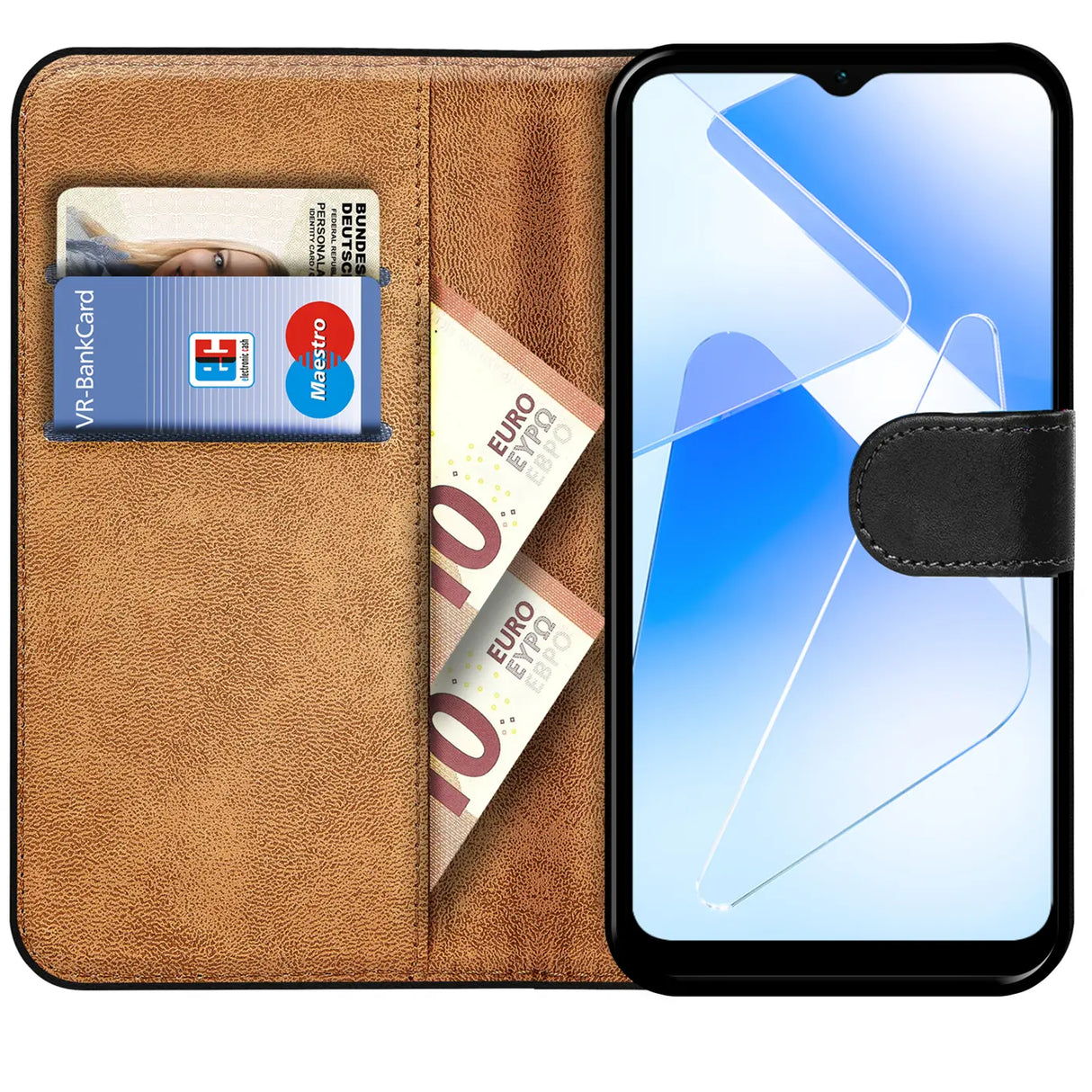 Oppo A55 5G Klapphülle in Schwarz mit Kartenfächern und Schutz