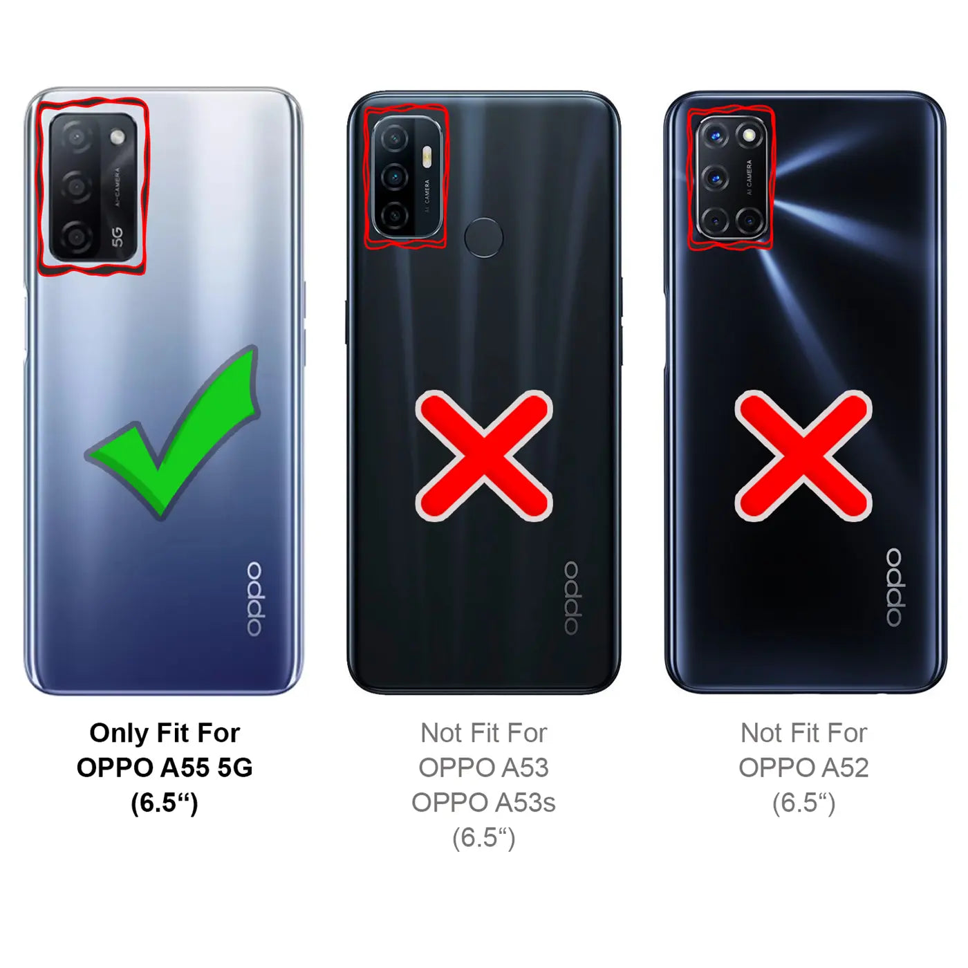 Rückseiten von drei Oppo-Smartphones, eines mit Haken, zwei mit Kreuzen.