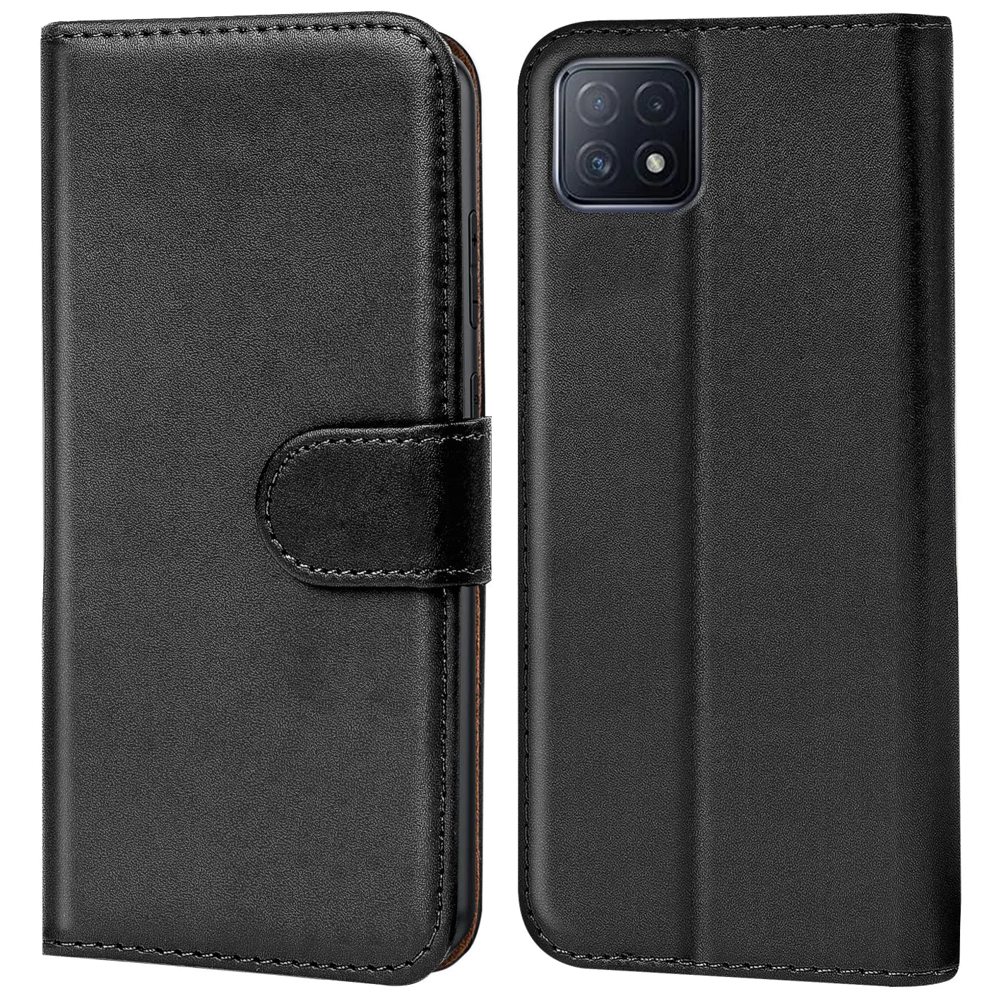 Schwarze Leder-Klapphülle mit Kartenfächern, Vorder- und Rückansicht, für Oppo A73 5G.