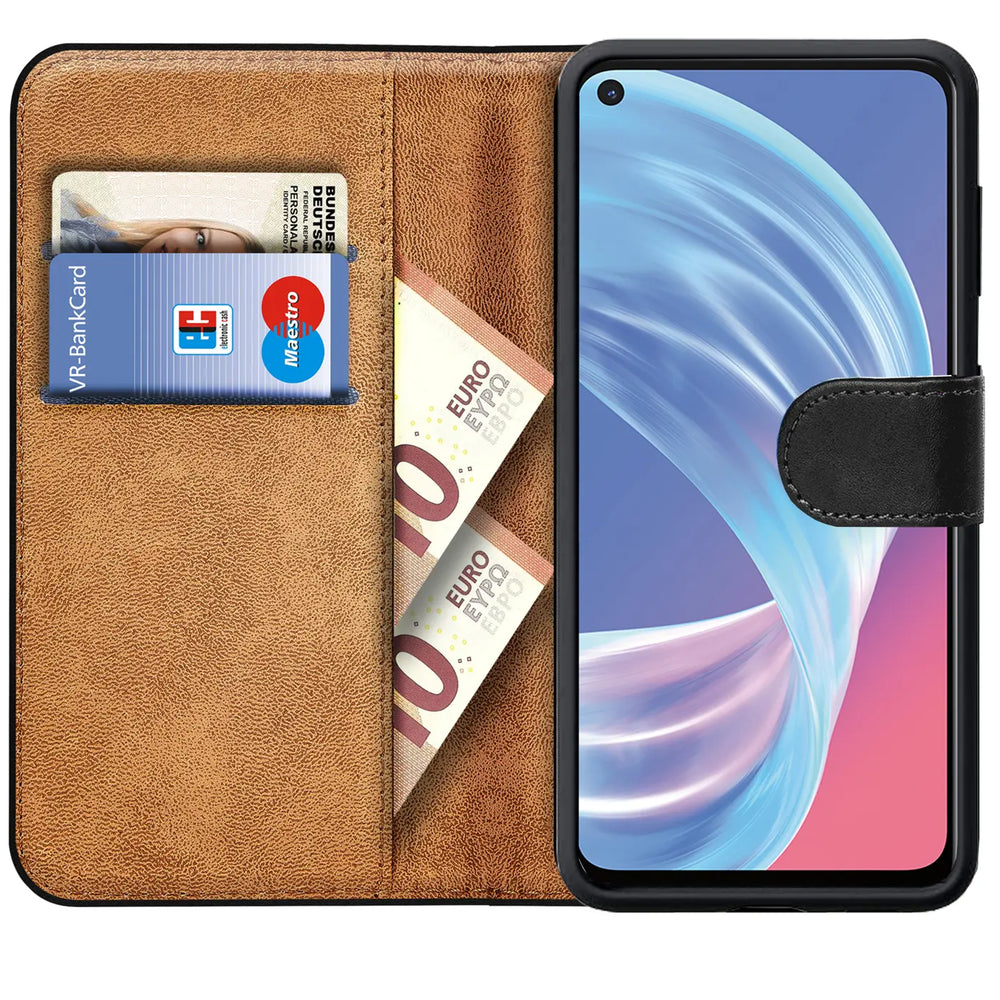Oppo A73 5G Klapphülle in Schwarz mit Kartenfächern und Schutz
