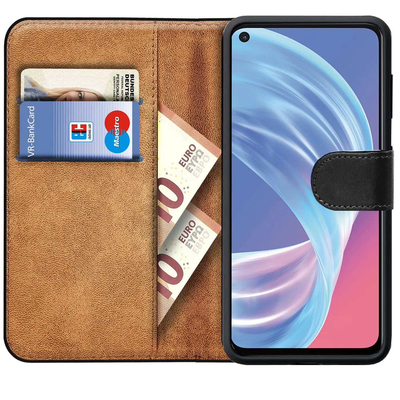 Braune Kunstleder-Klapphülle mit Kartenfächern und Banknoten, schwarzer Verschluss, Oppo A73 5G.
