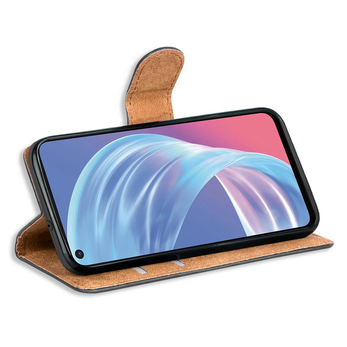 Braune Kunstleder-Klapphülle mit Kartenfächern für Oppo A73 5G, Seitenansicht.