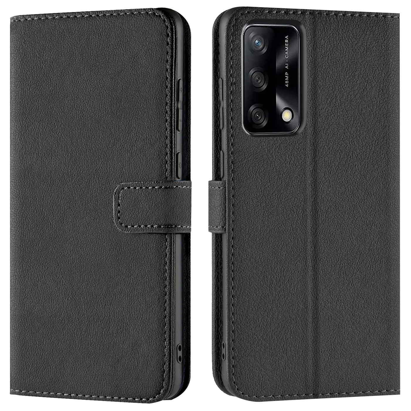 Schwarze Leder-Klapphülle mit Kartenfächern, Vorder- und Rückansicht, zeigt Oppo A74 4G Kamera.