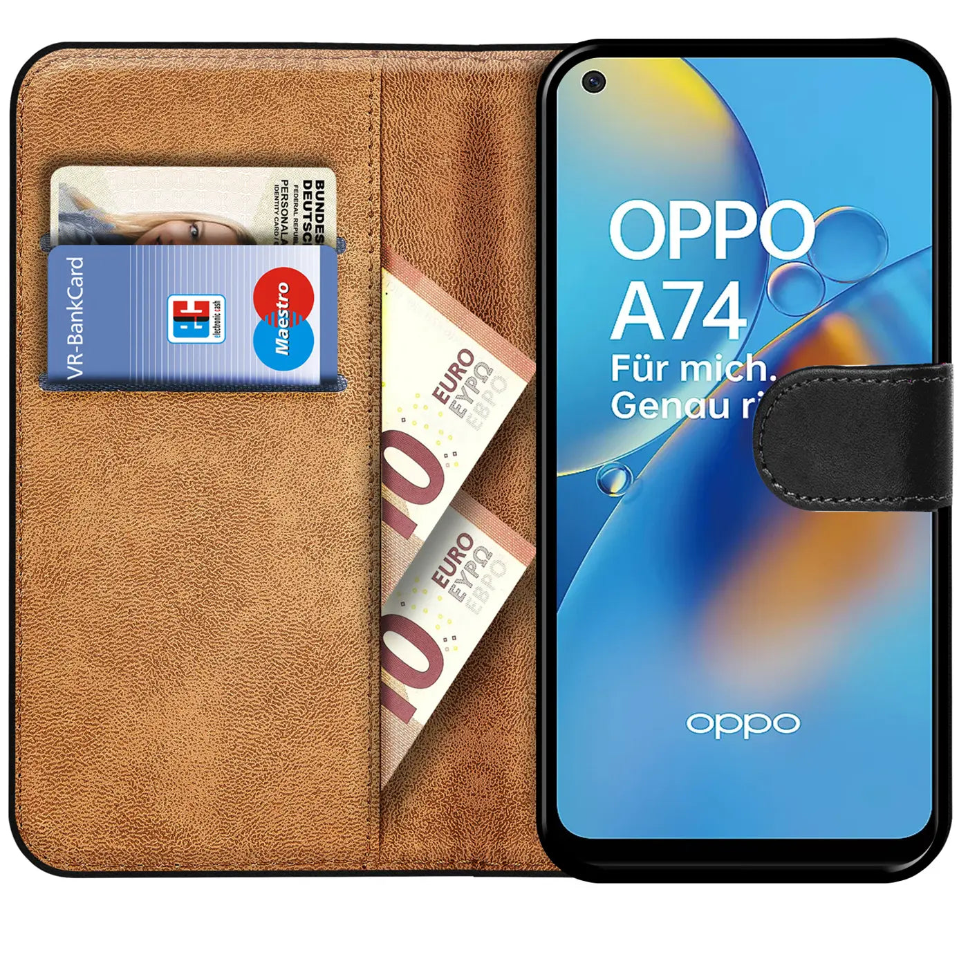 Braune Kunstleder-Klapphülle mit Kartenfächern und Geldscheinfach, zeigt Oppo A74 4G.