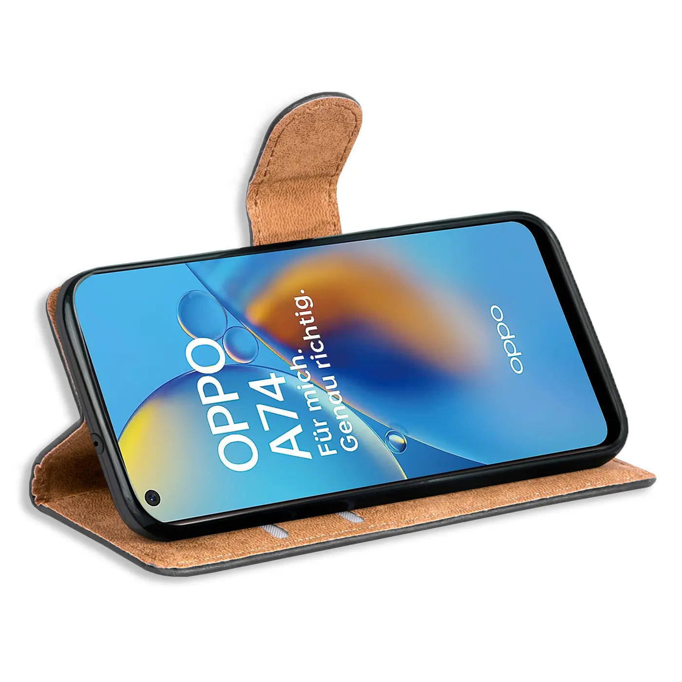 Braune Kunstleder-Klapphülle mit Kartenfächern, zeigt Oppo A74 4G.