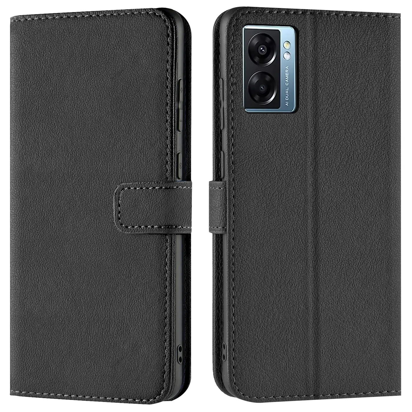 Schwarze Leder-Klapphülle mit Kartenfächern für Oppo A77 5G, Vorder- und Rückansicht.