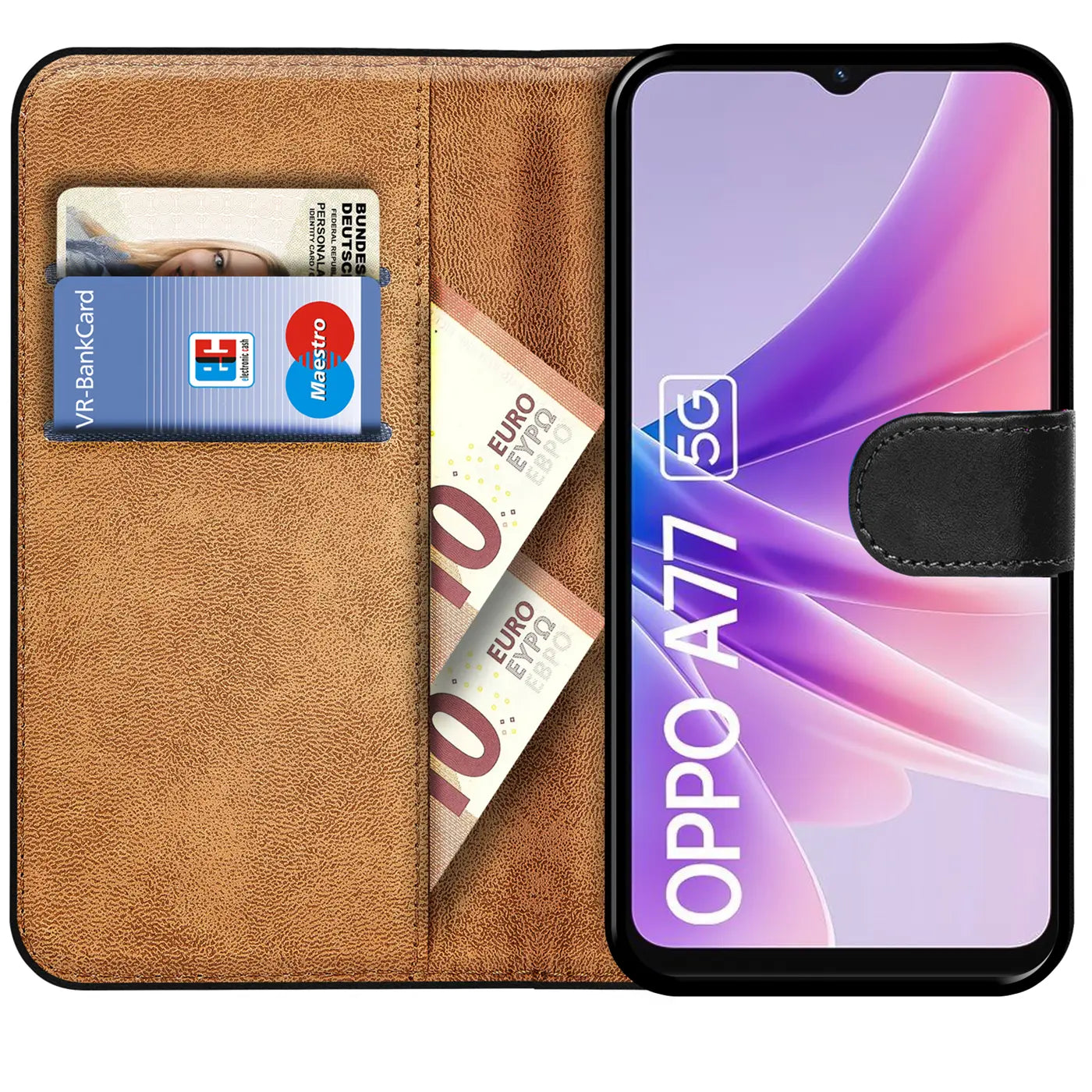 Braune Leder-Klapphülle mit Kartenfächern und Geldscheinfach, zeigt Oppo A77 5G.