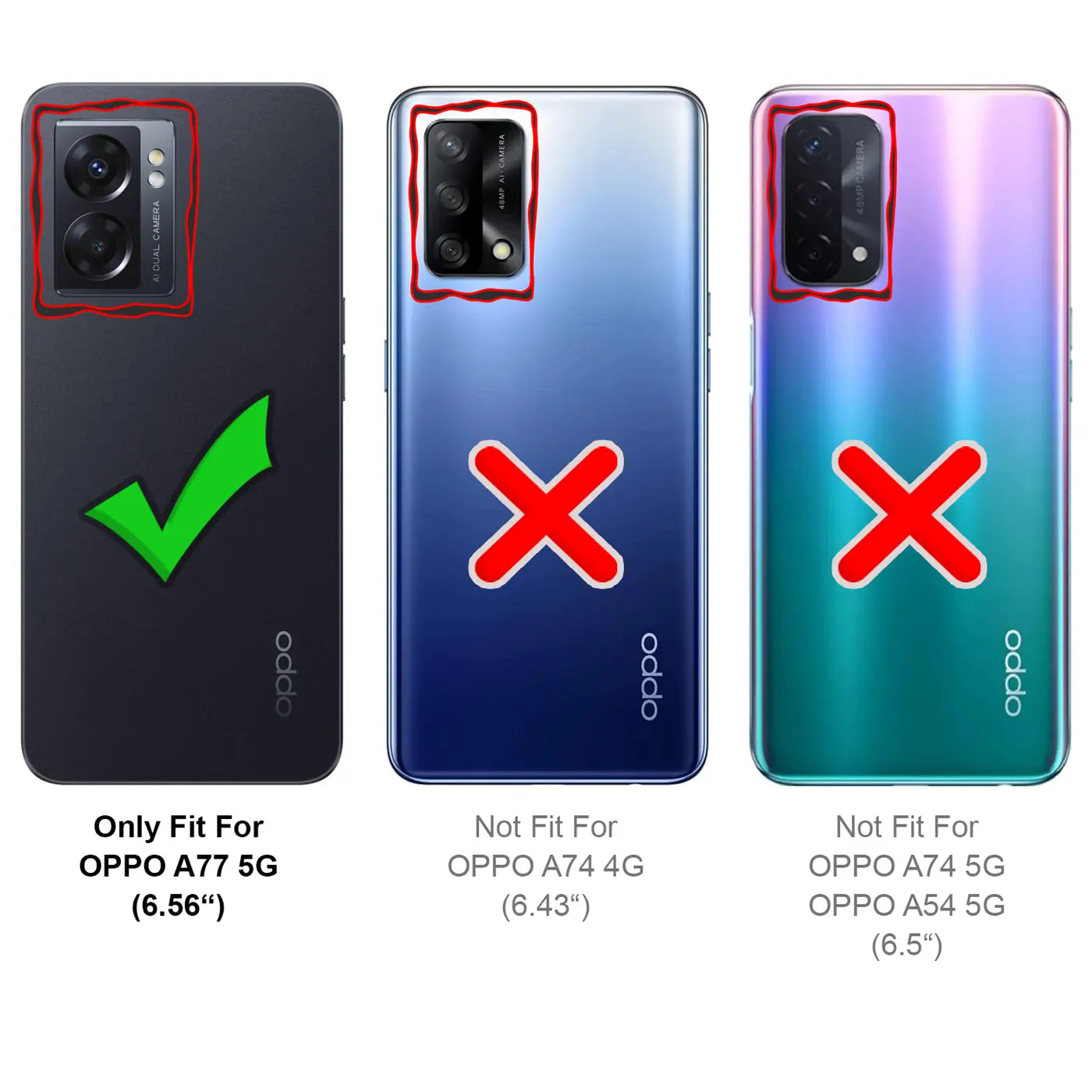 Rückseite Oppo A77 5G, schwarz, mit Kamera-Umrandung und Häkchen.