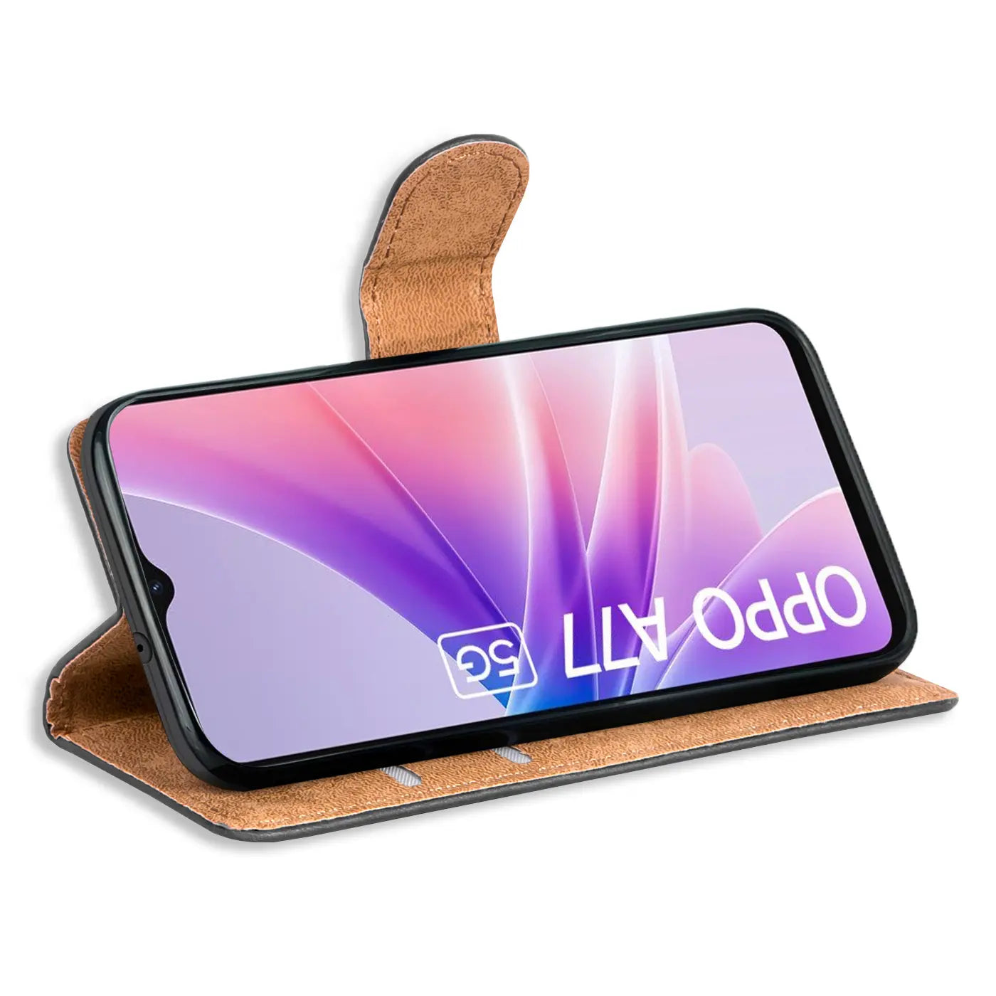 Braune Kunstleder-Klapphülle mit Kartenfächern für Oppo A77 5G, Seitenansicht.