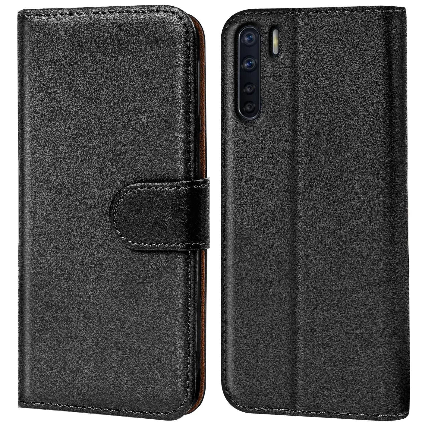 Schwarze Leder-Klapphülle mit Kartenfächern, Vorder- und Rückansicht, für Oppo A91