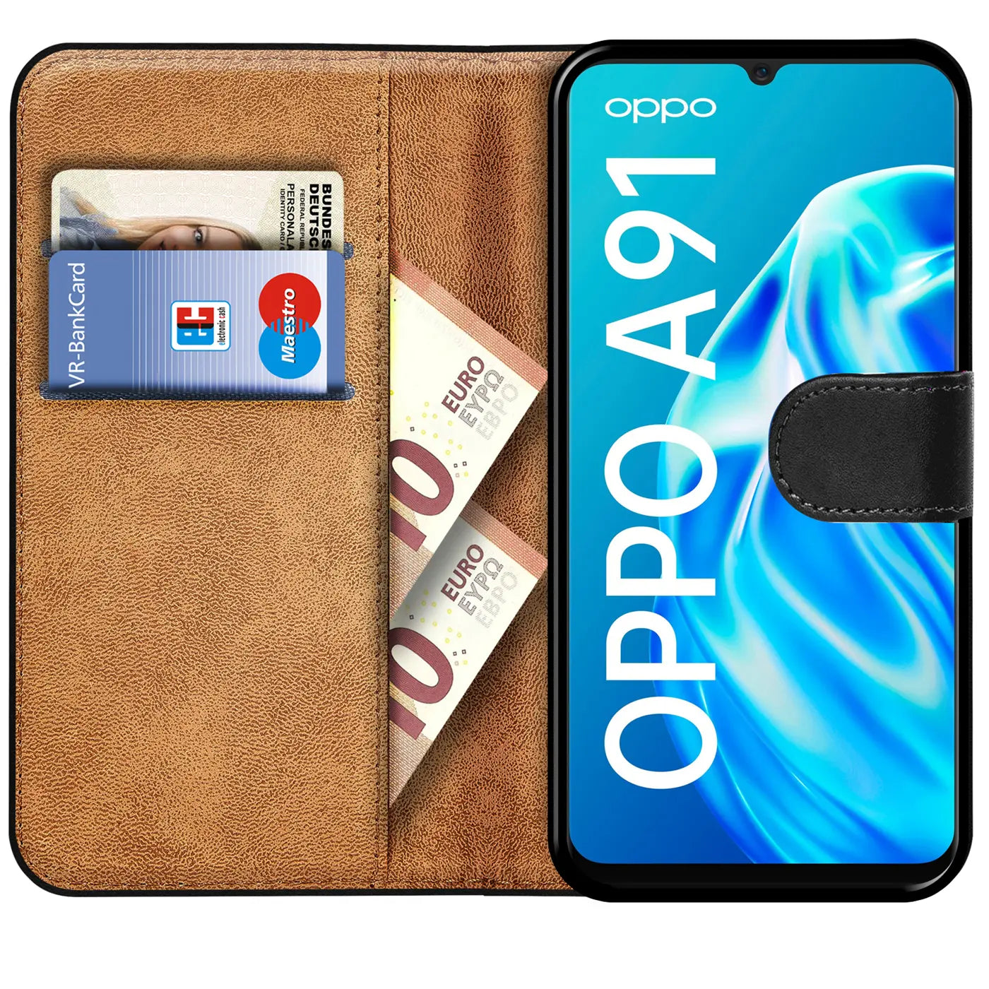 Braune Leder-Klapphülle mit Kartenfächern, zeigt Oppo A91, Geld und Karten.
