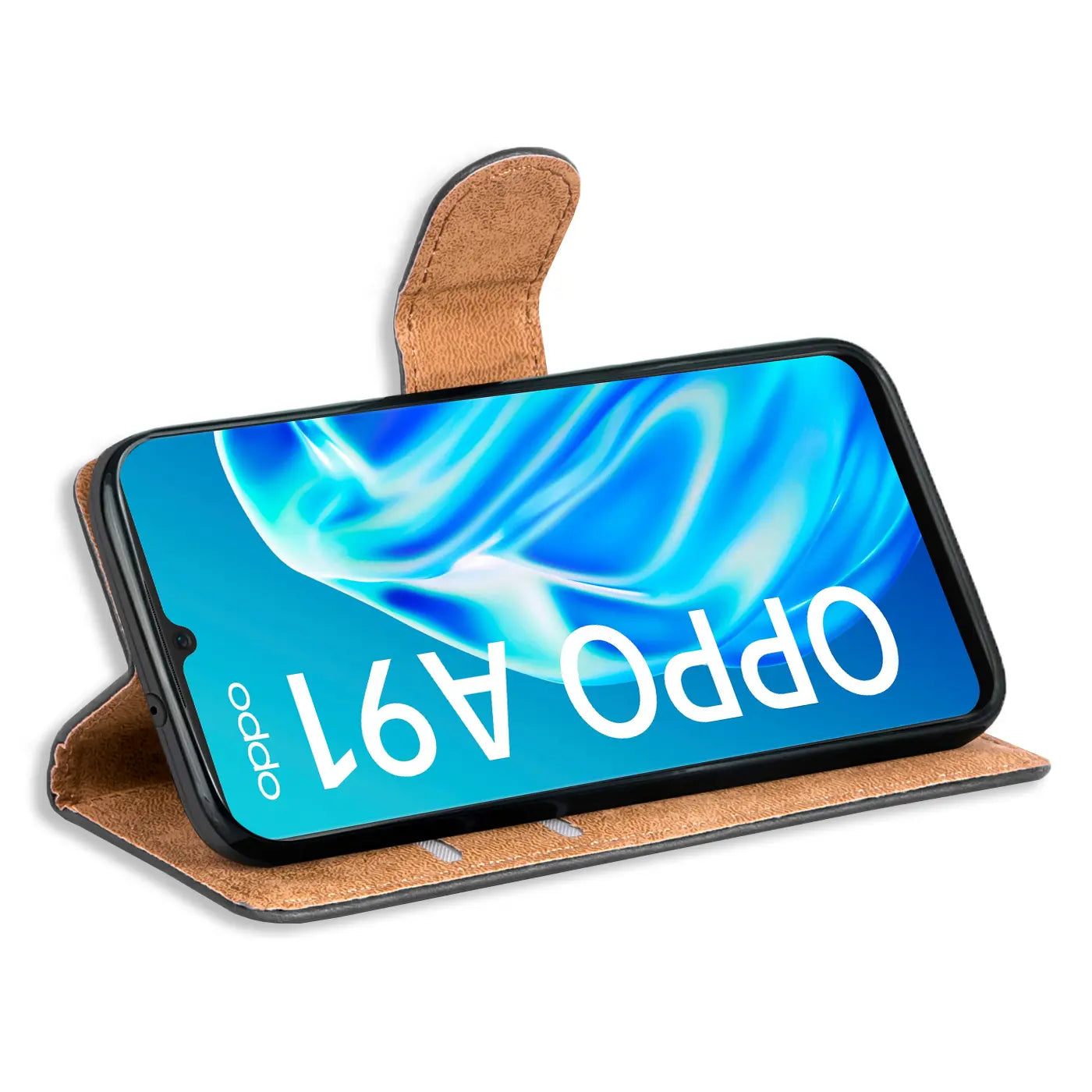 Braune Kunstleder-Klapphülle mit Kartenfächern, Oppo A91, von vorne schräg
