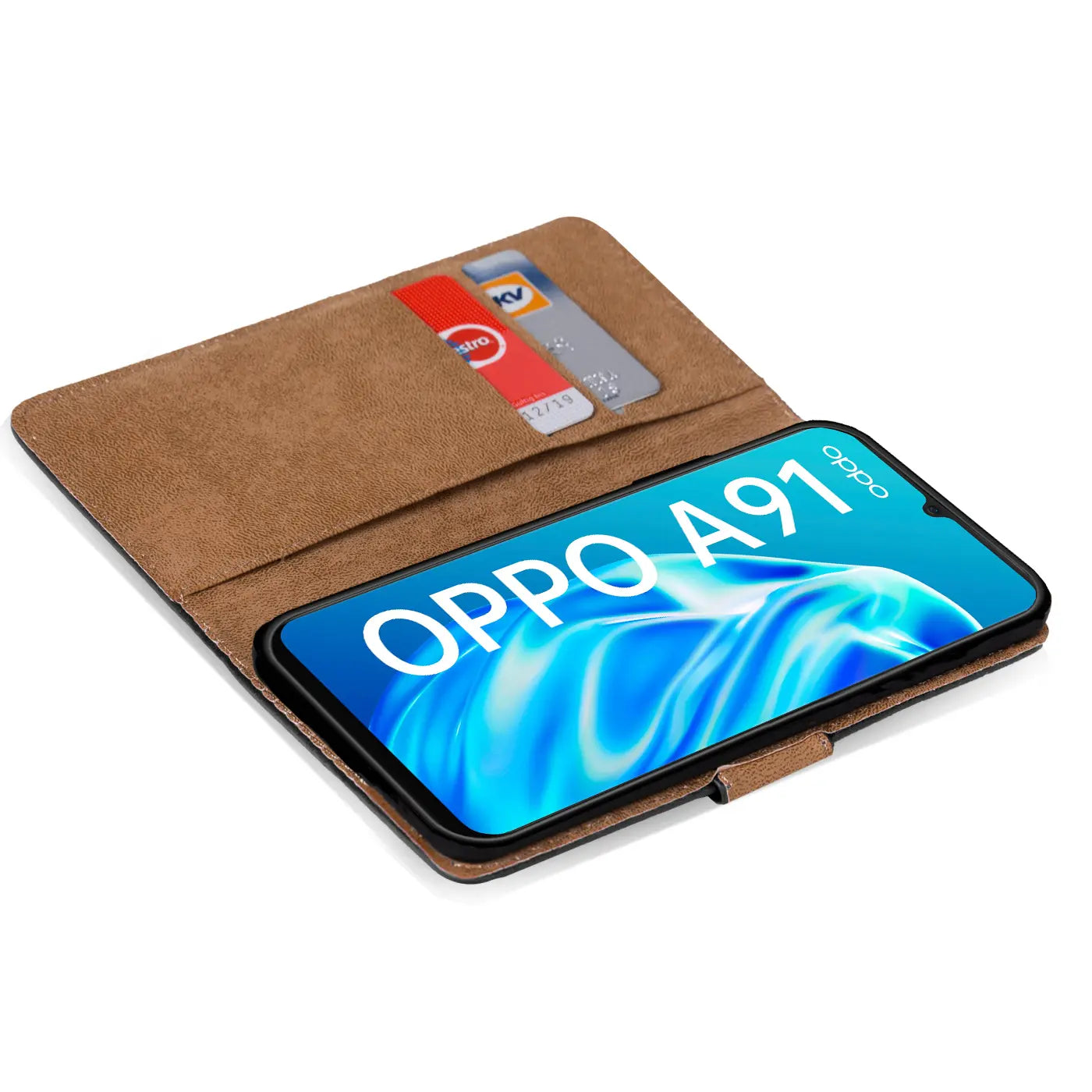 Braune Klapphülle aus Kunstleder mit Kartenfächern, zeigt Oppo A91 von vorne.