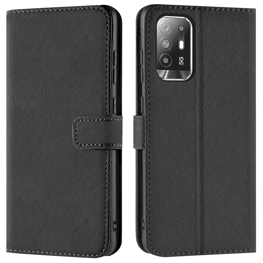 Schwarze Leder-Klapphülle mit Kartenfächern, Vorder- und Rückansicht, für Oppo A94 5G.