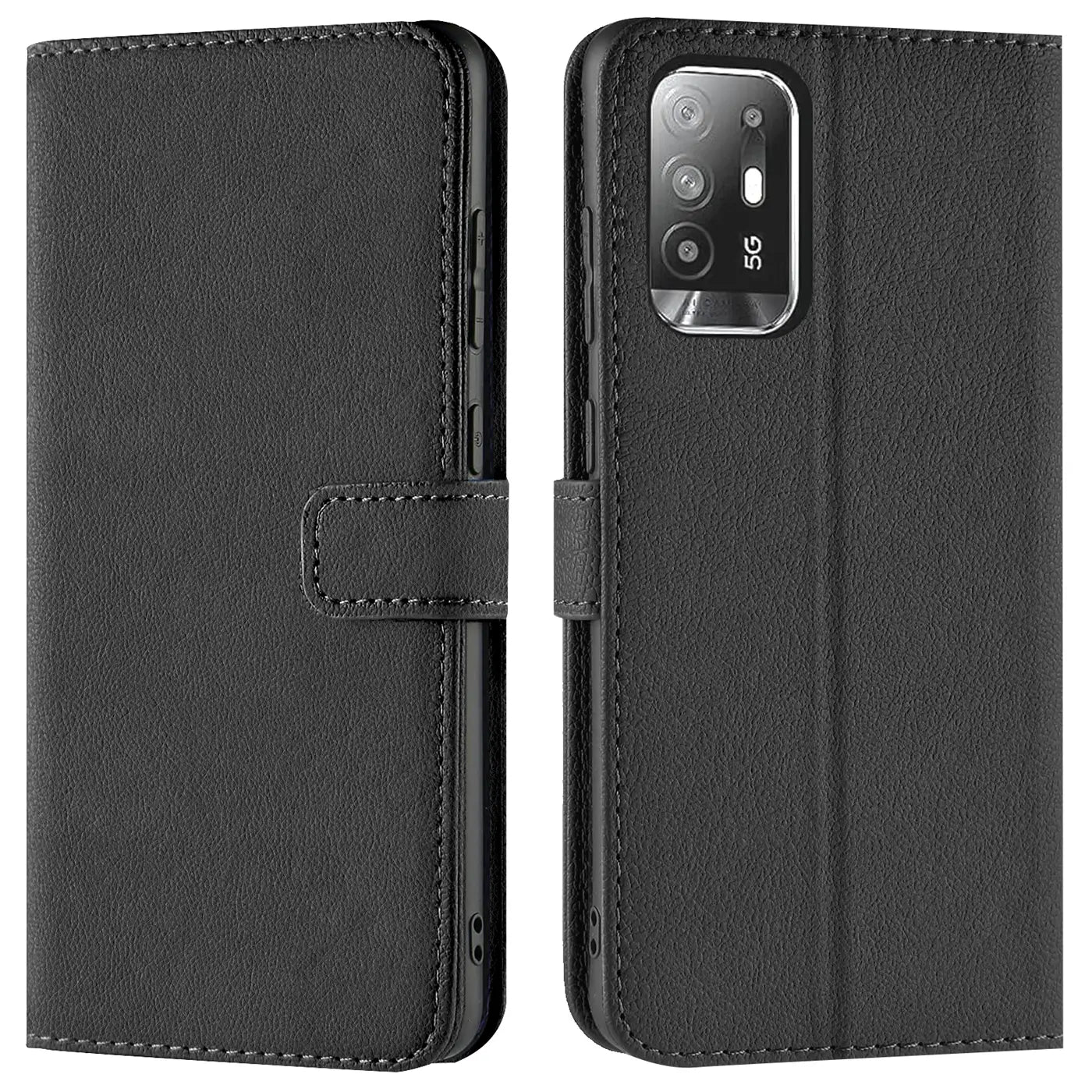 Schwarze Leder-Klapphülle mit Kartenfächern, Vorder- und Rückansicht, für Oppo A94 5G.