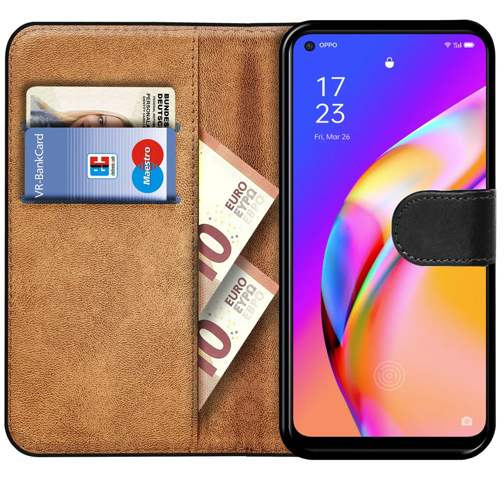 Braune Kunstleder-Klapphülle mit Kartenfächern und Geldscheinfach, zeigt Oppo A94 5G.