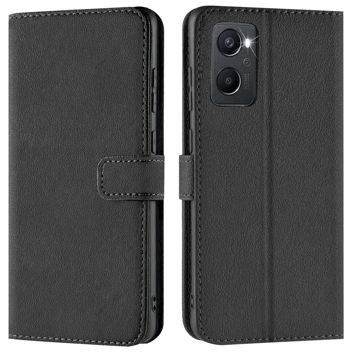 Schwarze Leder-Klapphülle für OPPO A96/A76, Vorder- und Rückansicht, mit Kartenfächern.