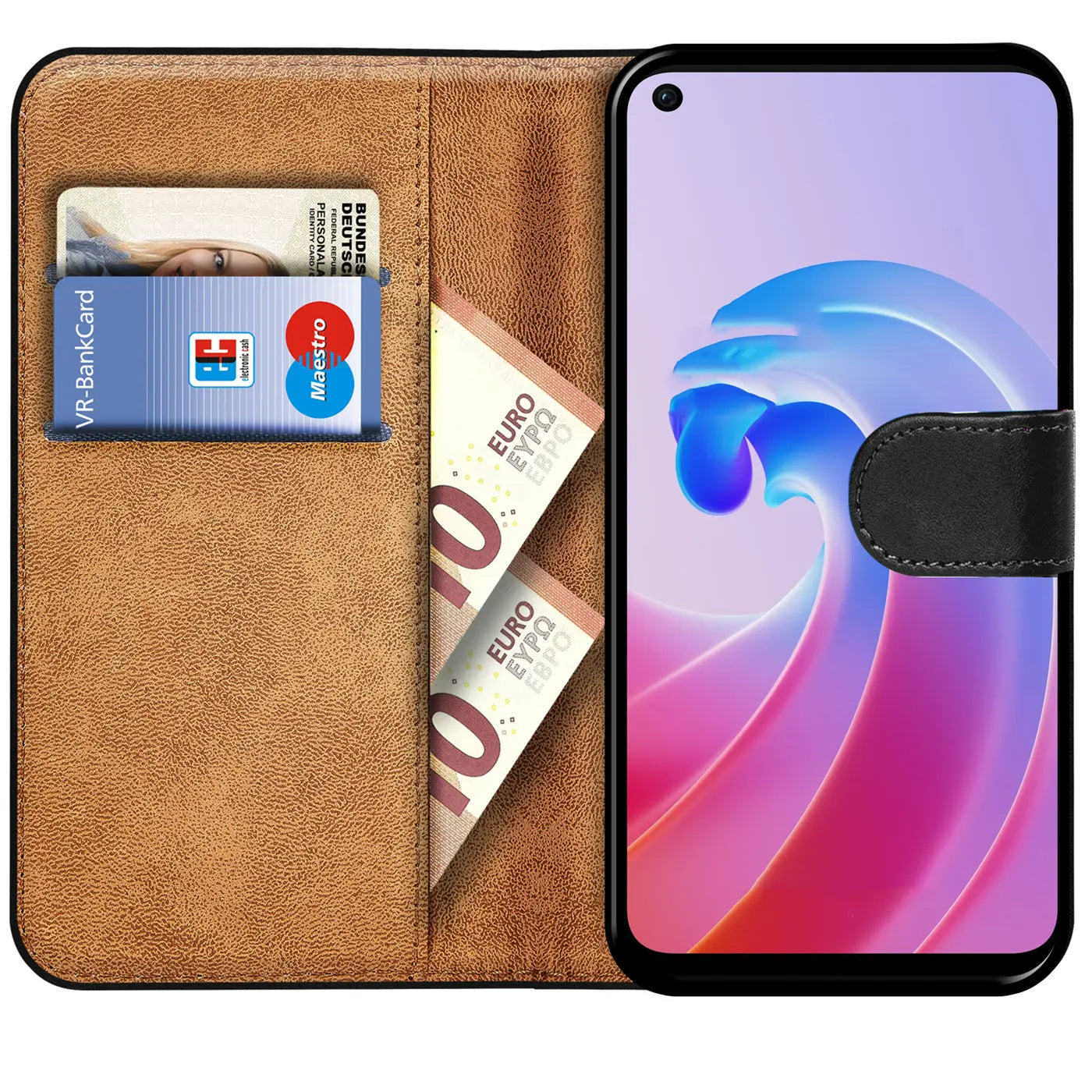 Braune Kunstleder-Klapphülle mit Kartenfächern, zeigt ein OPPO A96/A76.