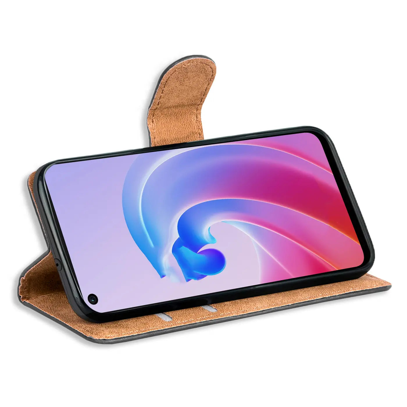 Braune Klapphülle aus Kunstleder mit Kartenfächern, zeigt OPPO A96/A76 von vorne, leicht schräg.