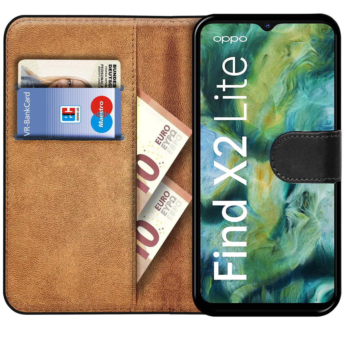 Oppo Find X2 Lite Klapphülle in Schwarz mit Kartenfächern und Schutz