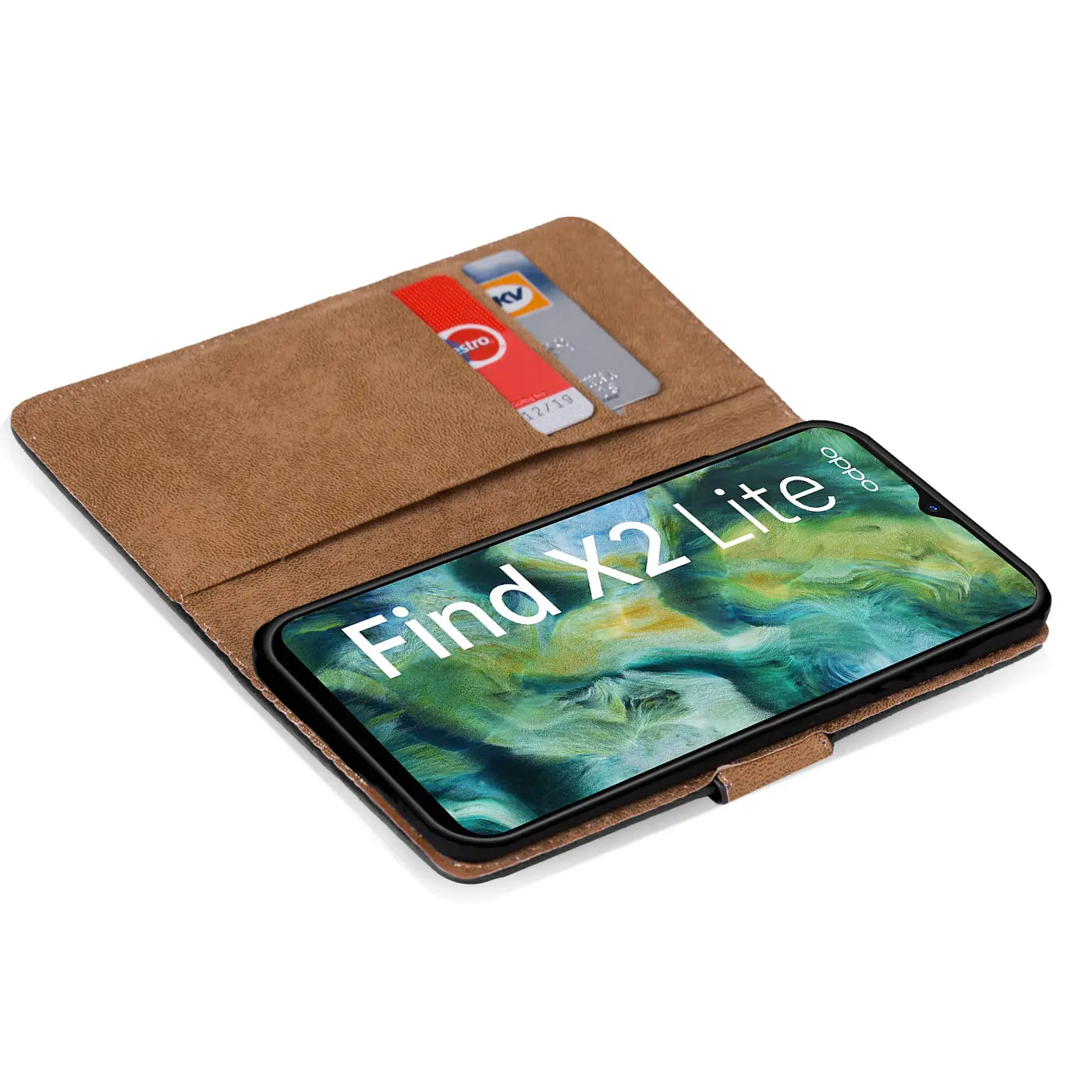 Braune Kunstleder-Klapphülle mit Kartenfächern, zeigt Oppo Find X2 Lite.