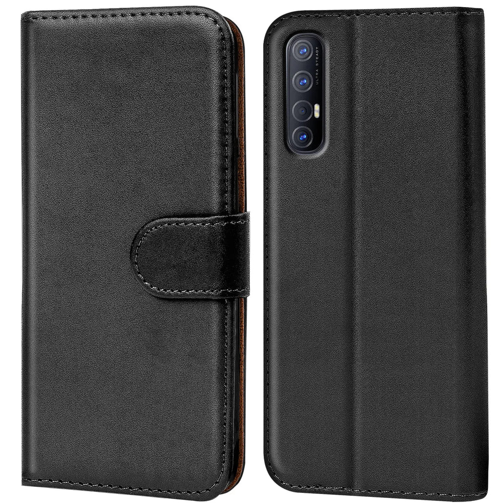 Schwarze Leder-Klapphülle mit Kartenfächern, Vorder- und Rückansicht, für Oppo Find X2 Neo.
