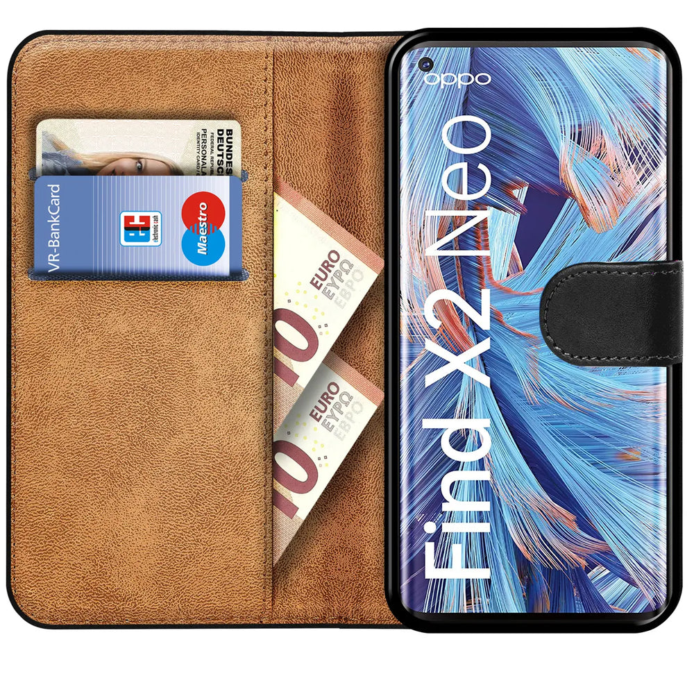 Braune Kunstleder-Klapphülle mit Kartenfächern und Geldnoten, zeigt Oppo Find X2 Neo.
