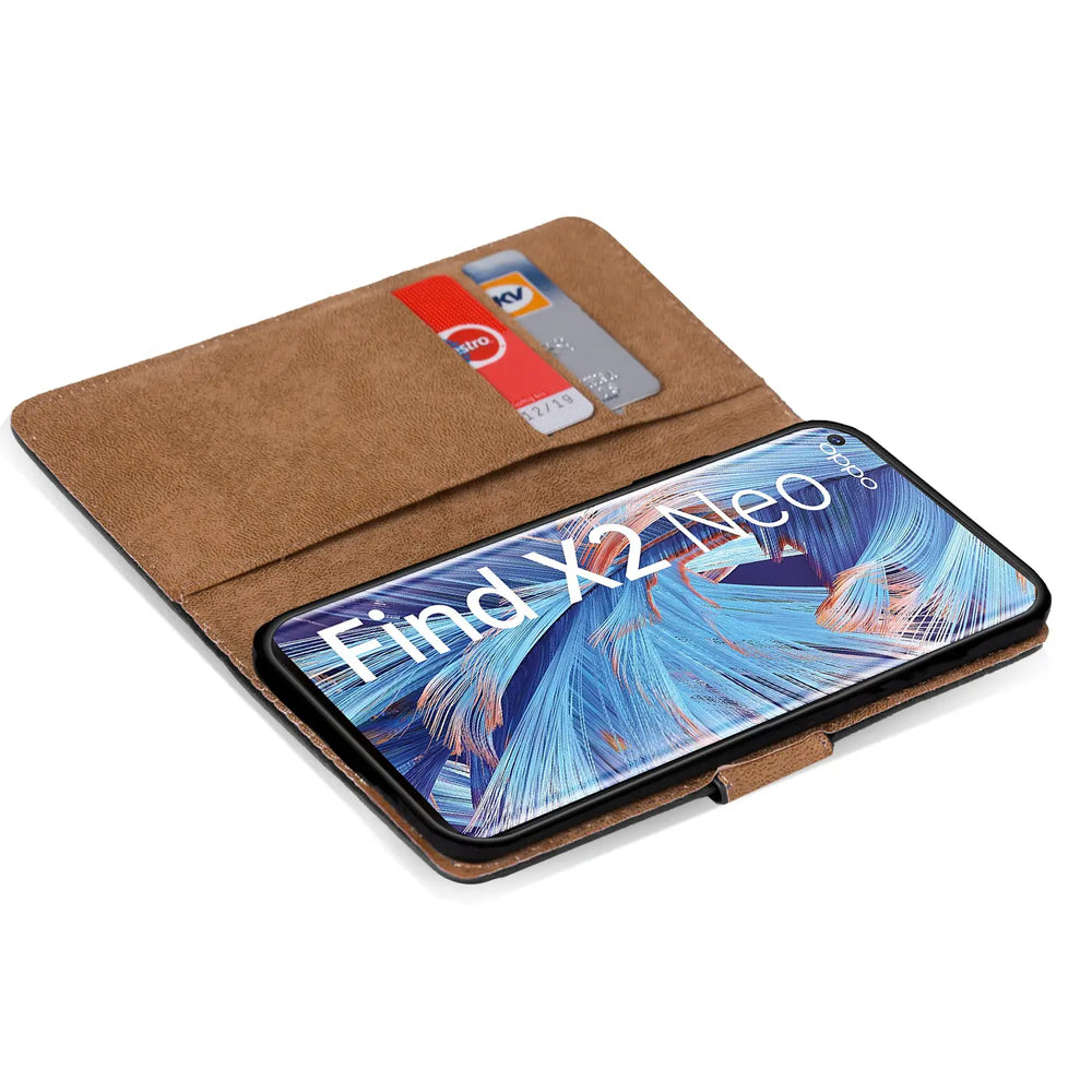 Braune Kunstleder-Klapphülle mit Kartenfächern, zeigt Oppo Find X2 Neo, von oben.
