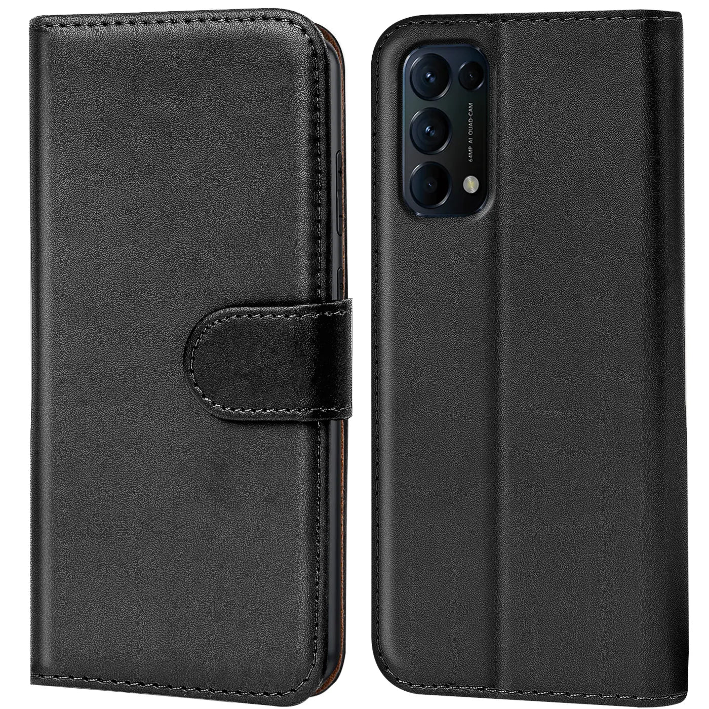 Schwarze Leder-Klapphülle mit Kartenfächern für Oppo Find X3 Lite, Vorder- und Rückansicht.