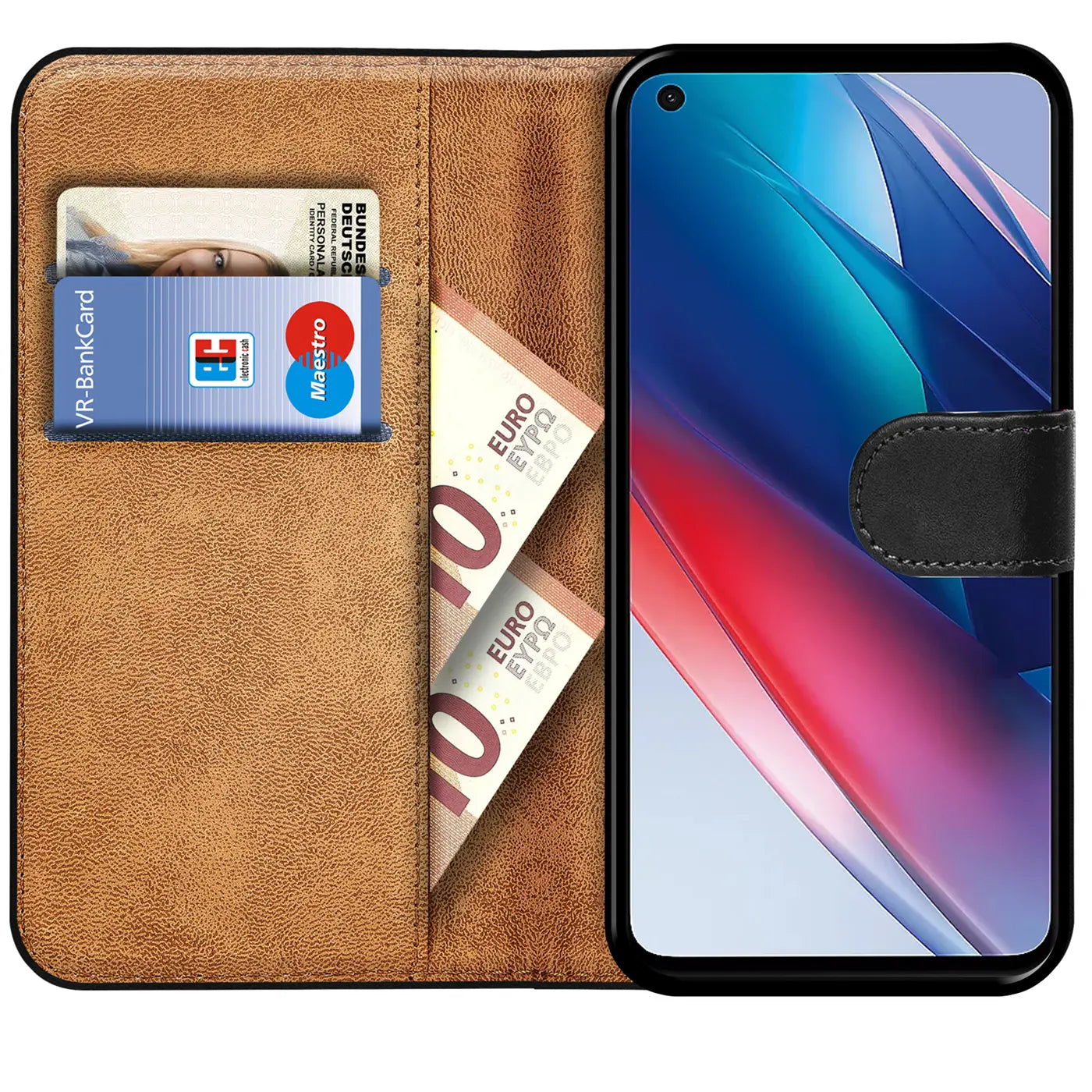 Braune Kunstleder-Klapphülle mit Kartenfächern, zeigt Oppo Find X3 Lite.