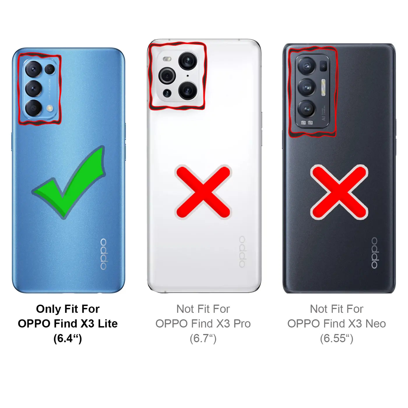 Drei Oppo Handys, blaues mit Haken, weiße/schwarze mit Kreuzen.