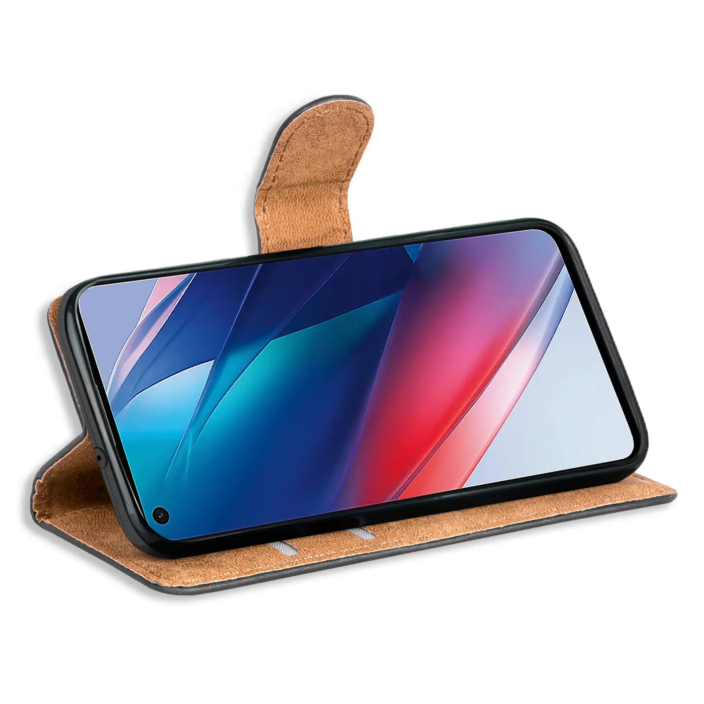 Braune Leder-Klapphülle mit Kartenfächern, Oppo Find X3 Lite, von vorne.
