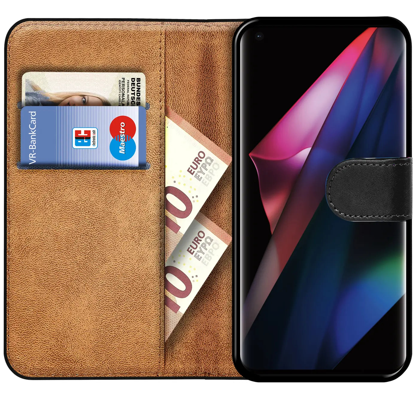 Braune Kunstleder-Klapphülle mit Kartenfächern und Geldnoten, zeigt Oppo Find X3 Neo.