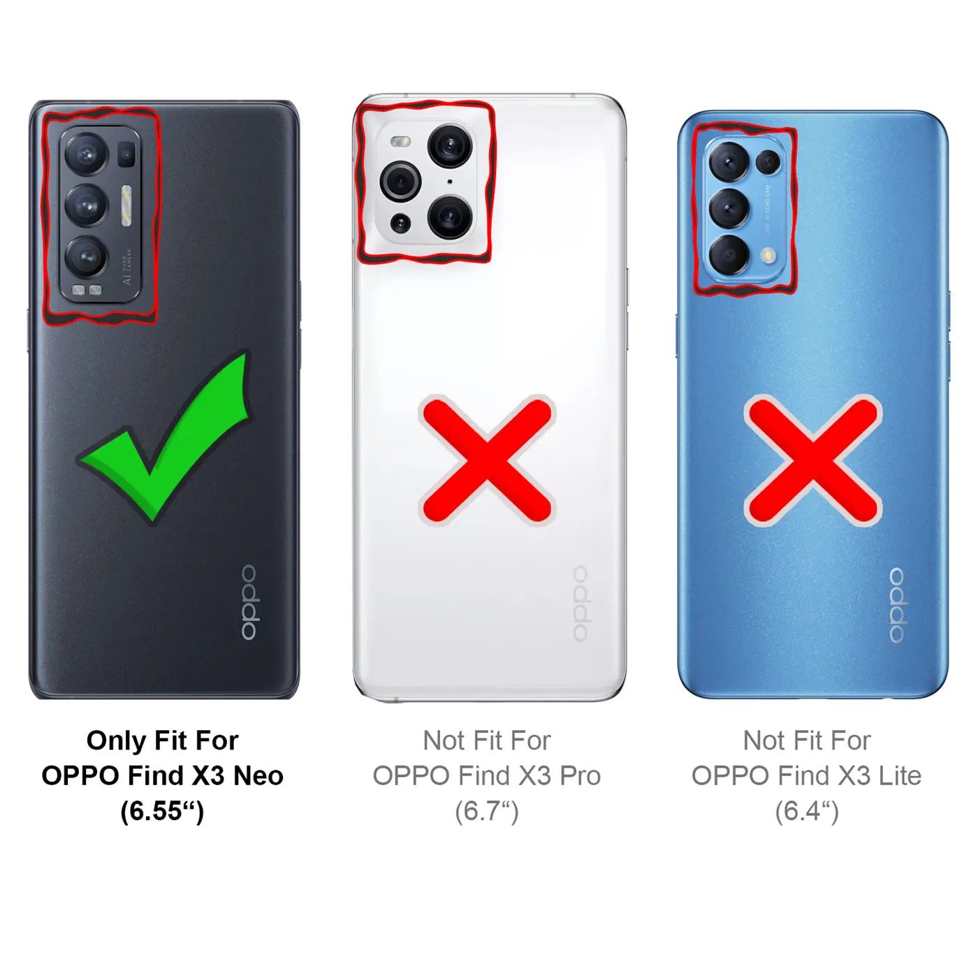 Drei Rückseiten von Oppo Handys: Schwarz (Passt), Weiß (Passt nicht), Blau (Passt nicht).