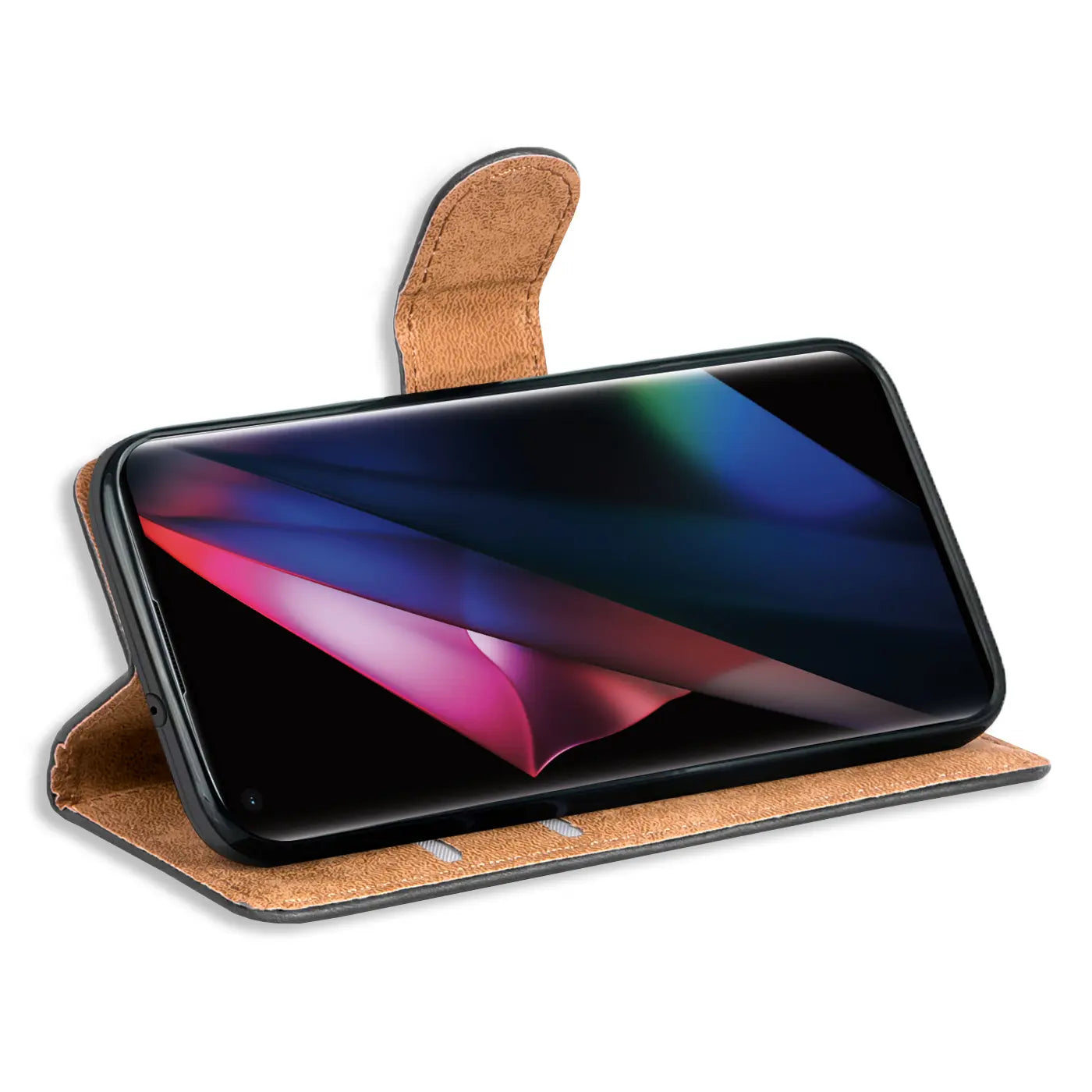 Braune Leder-Klapphülle mit Kartenfächern für Oppo Find X3 Pro, von vorne schräg.