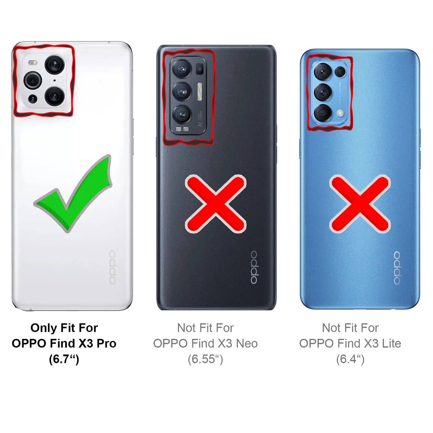 Drei Oppo-Smartphones: Links Oppo Find X3 Pro (passt), Mitte/Rechts nicht passend.