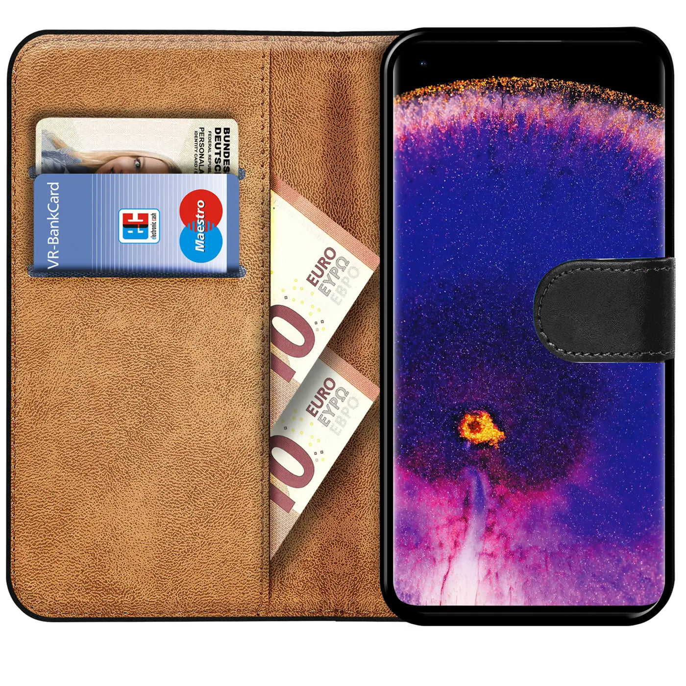 Braune Kunstleder-Klapphülle mit Kartenfächern und Geldnoten, zeigt Oppo Find X5 Pro.
