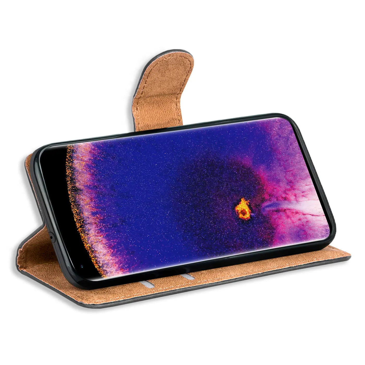 Braune Kunstleder-Klapphülle mit Kartenfächern, seitliche Ansicht, Oppo Find X5 Pro.