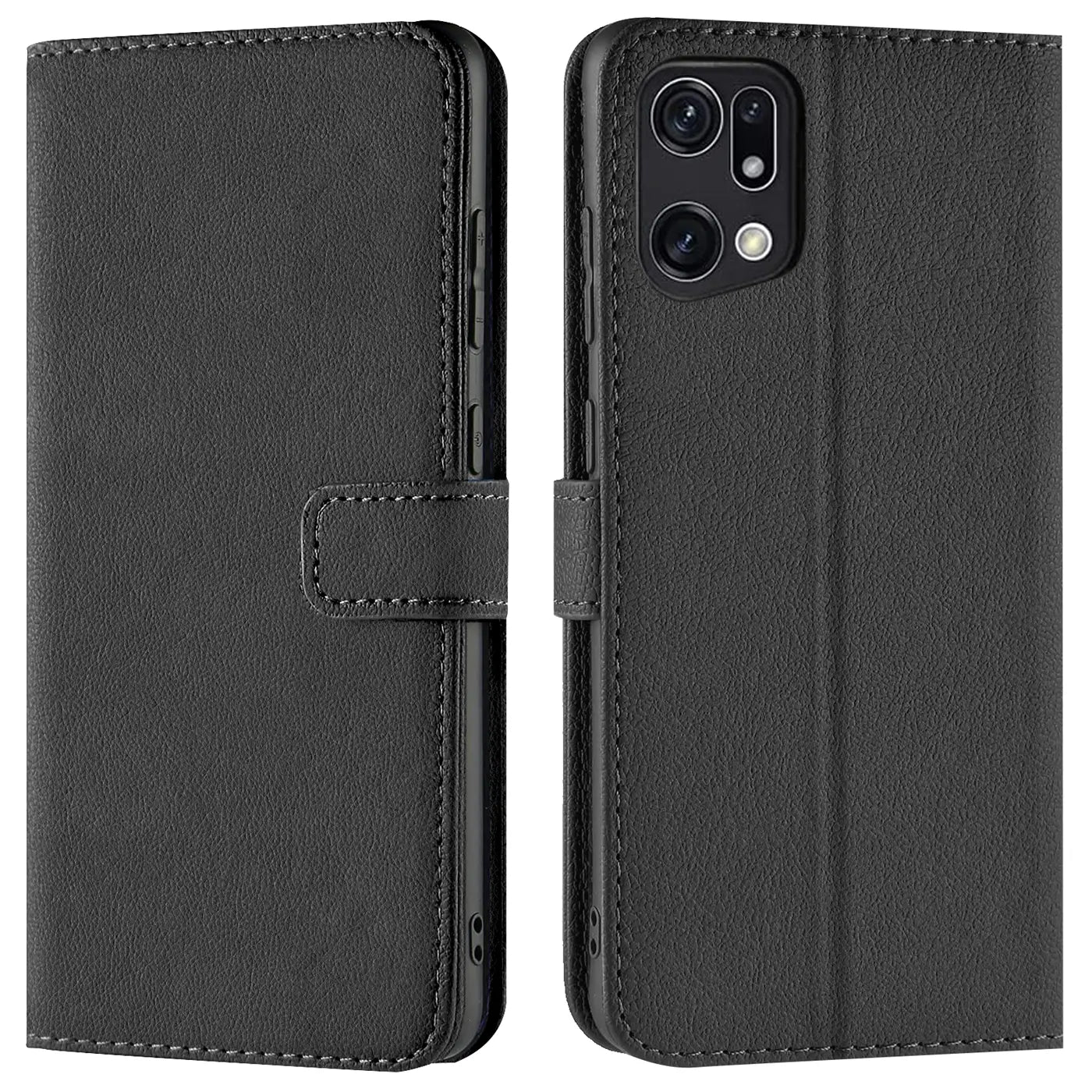 Schwarze Leder-Klapphülle mit Kartenfächern, Vorder- und Rückansicht, für Oppo Find X5.