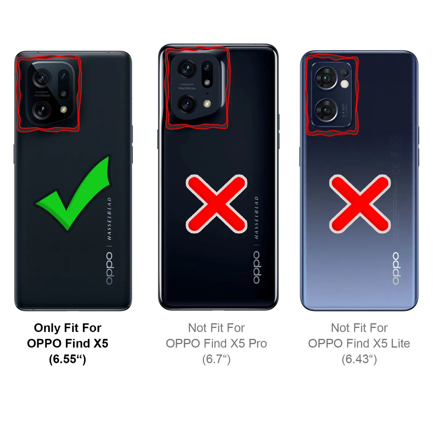 Drei Rückseiten von Smartphones: Oppo Find X5 (passend), Oppo Find X5 Pro (nicht passend), Oppo Find X5 Lite (nicht passend).