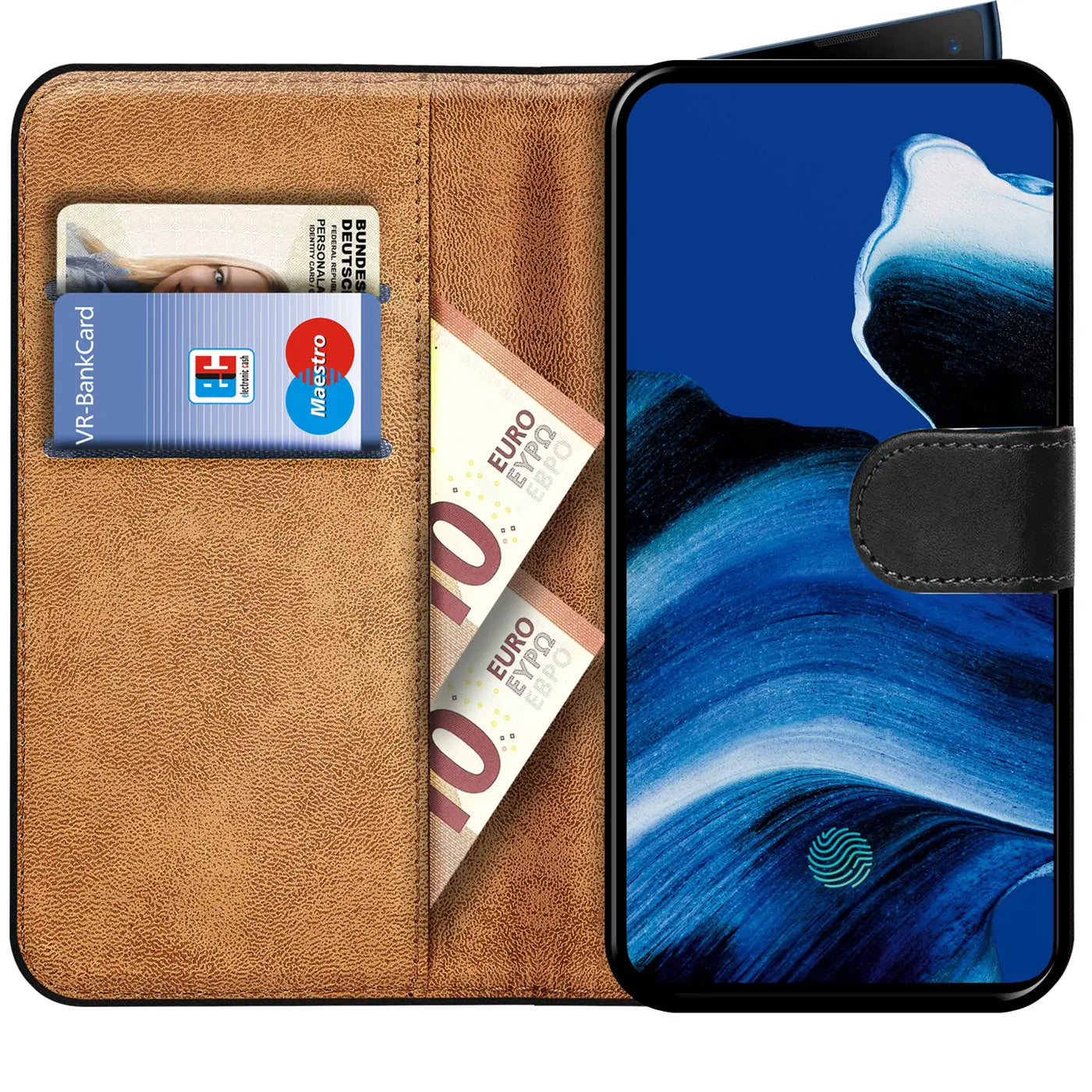 Braune Kunstleder-Klapphülle mit Kartenfächern, zeigt Oppo Reno 2, von vorne