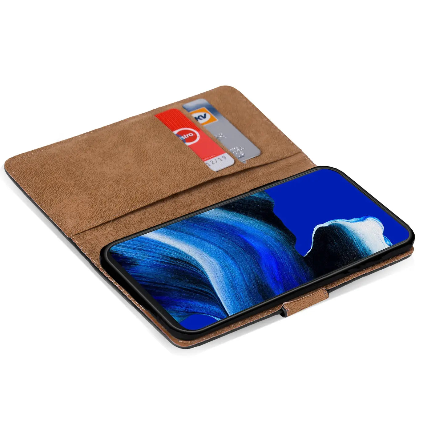 Braune Kunstleder-Klapphülle mit Kartenfächern für Oppo Reno 2, von oben gesehen.