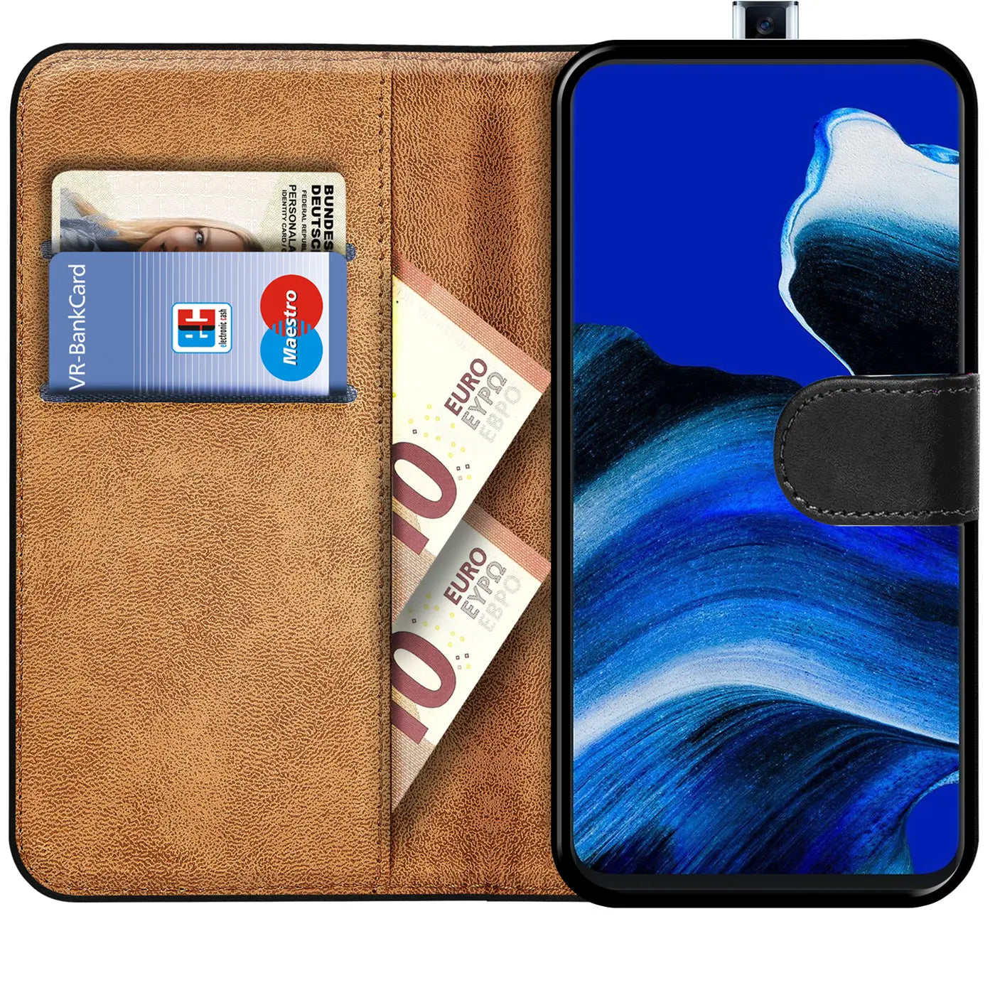 Braune Leder-Klapphülle mit Kartenfach, Geld und Oppo Reno 2 Z von vorne