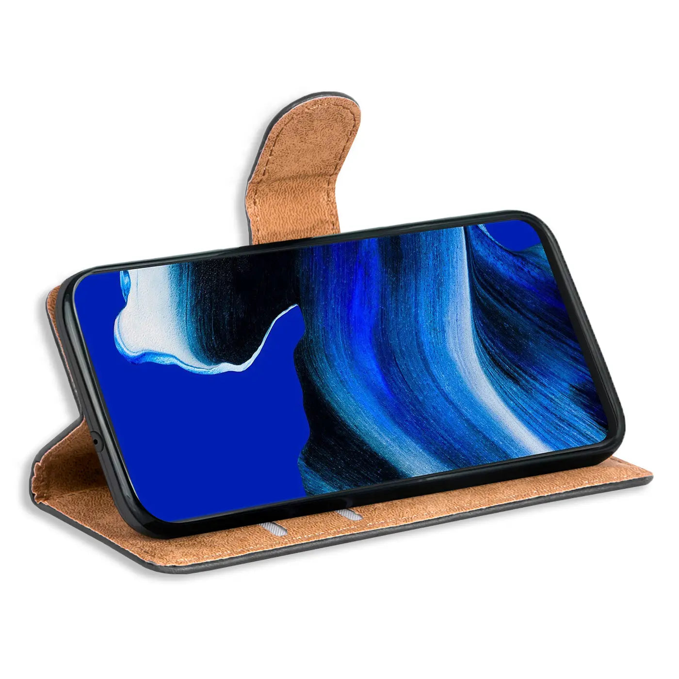 Braune Kunstleder-Klapphülle mit Oppo Reno 2 Z, von vorne schräg.