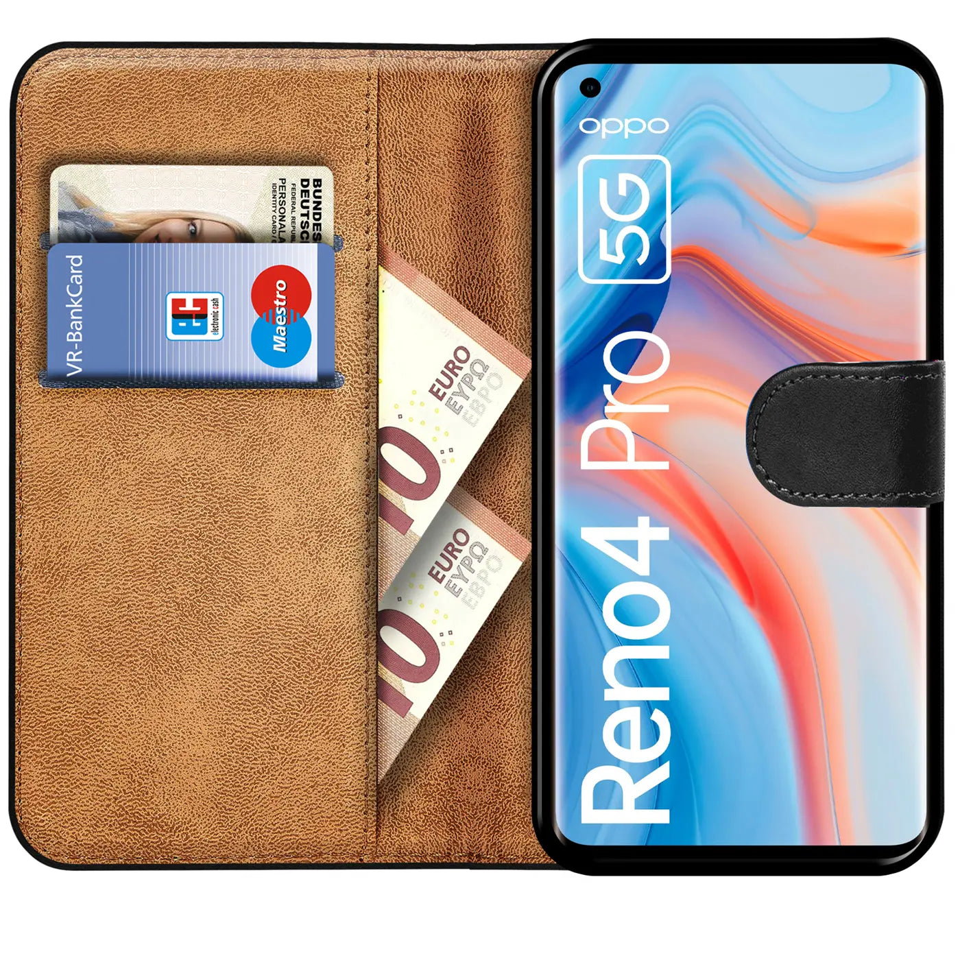 Braune Leder-Klapphülle mit Kartenfächern, zeigt Oppo Reno 4 Pro.